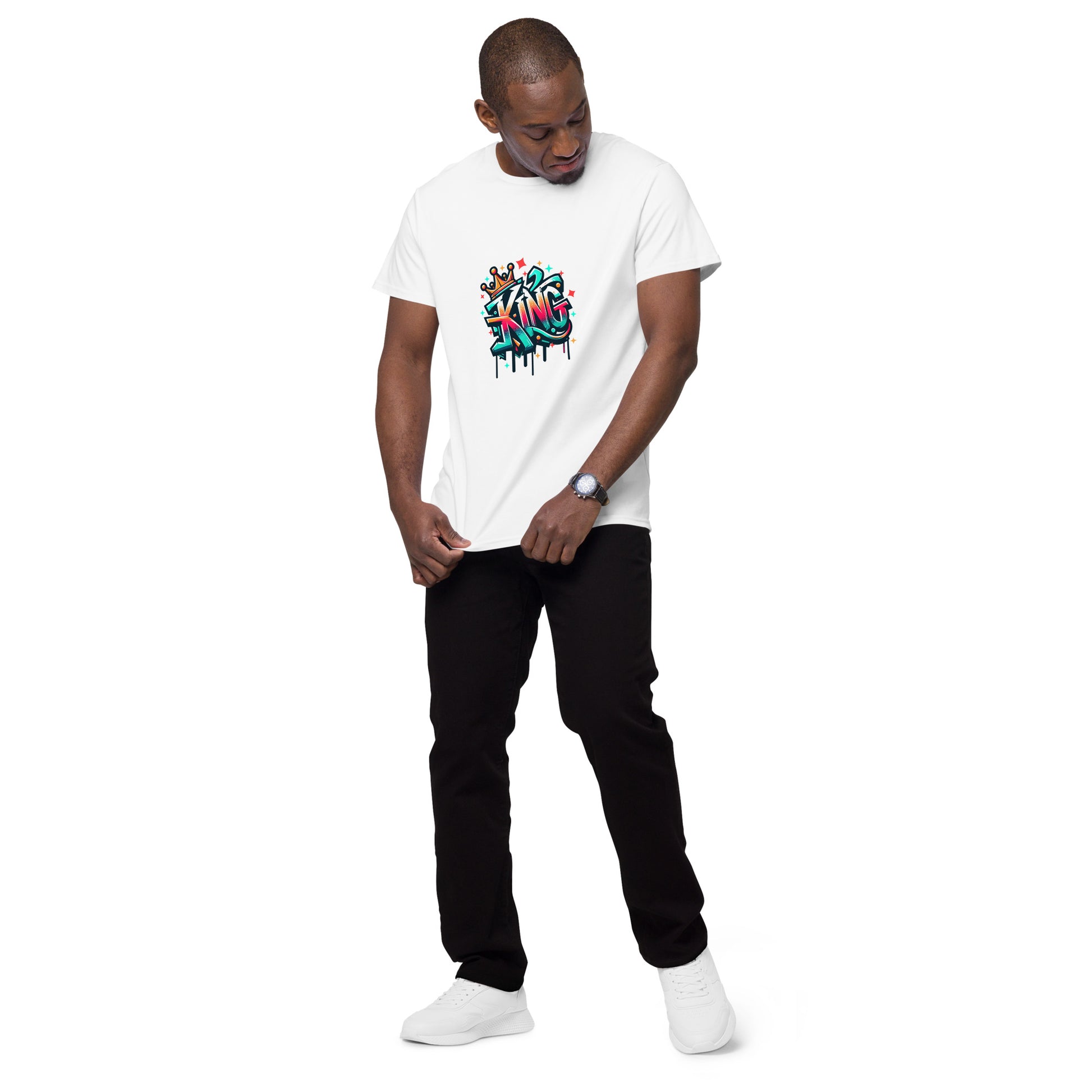 KING streetwear T shirt design featuring bold graffiti lettering with a crown illustration, created for fans of urban fashion and hip-hop style and professionally printed with high quality DTF printing in the UK.


