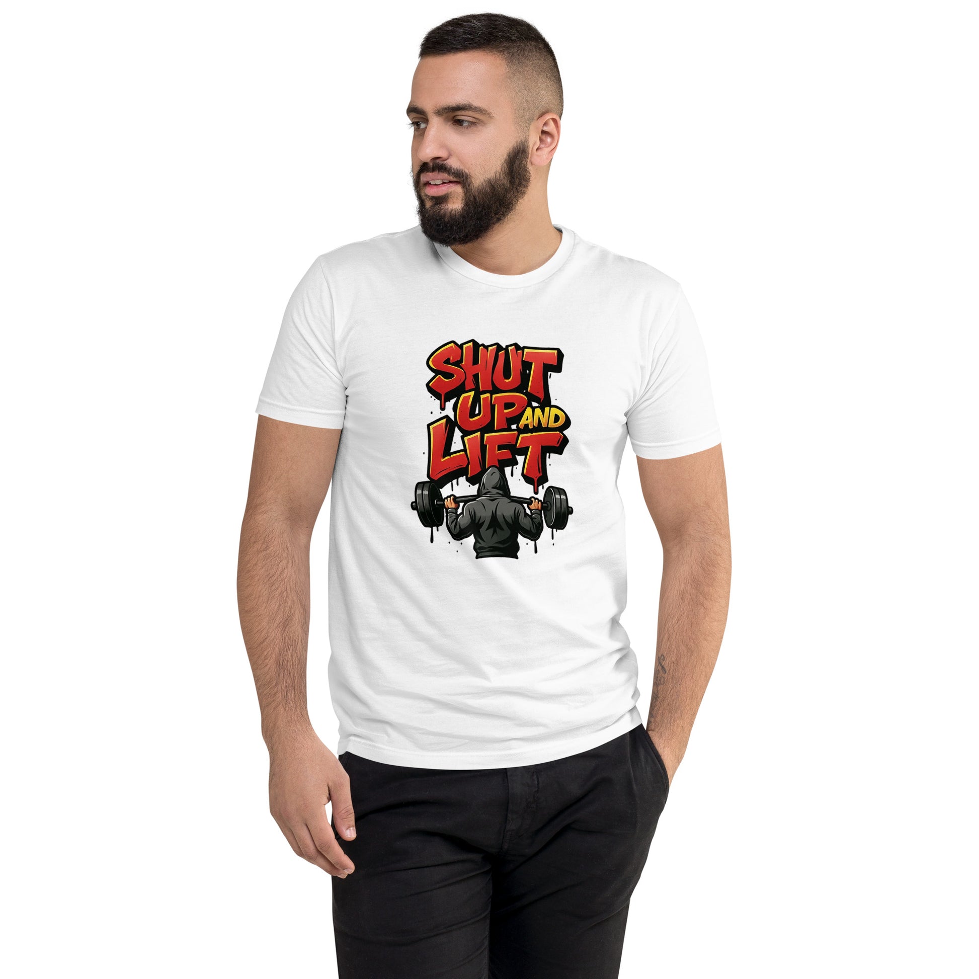 Shut Up and Lift T shirt design featuring bold graffiti lettering and a hooded lifter holding a heavy barbell, created for motivational gym apparel, hardcore fitness clothing and professionally printed with high quality DTF printing in the UK