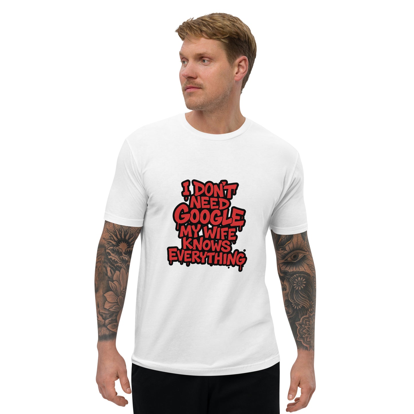 I Don’t Need Google My Wife Knows Everything T shirt design with bold red graffiti lettering, perfect for funny husband apparel, humour gift ideas and custom DTF printing UK