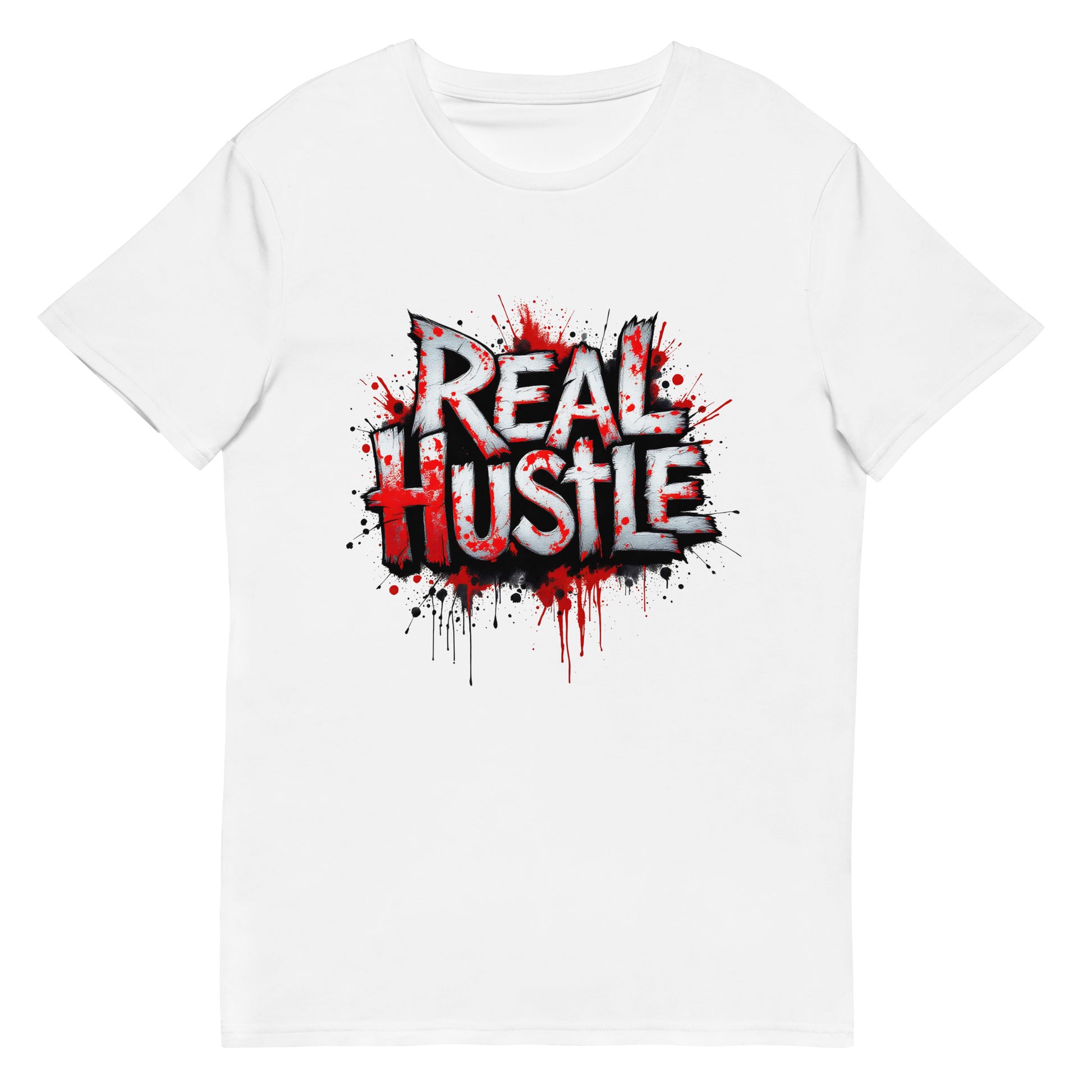 real hustle printed t shirt with graffiti style lettering, paint splatter effects and bold urban street art graphic