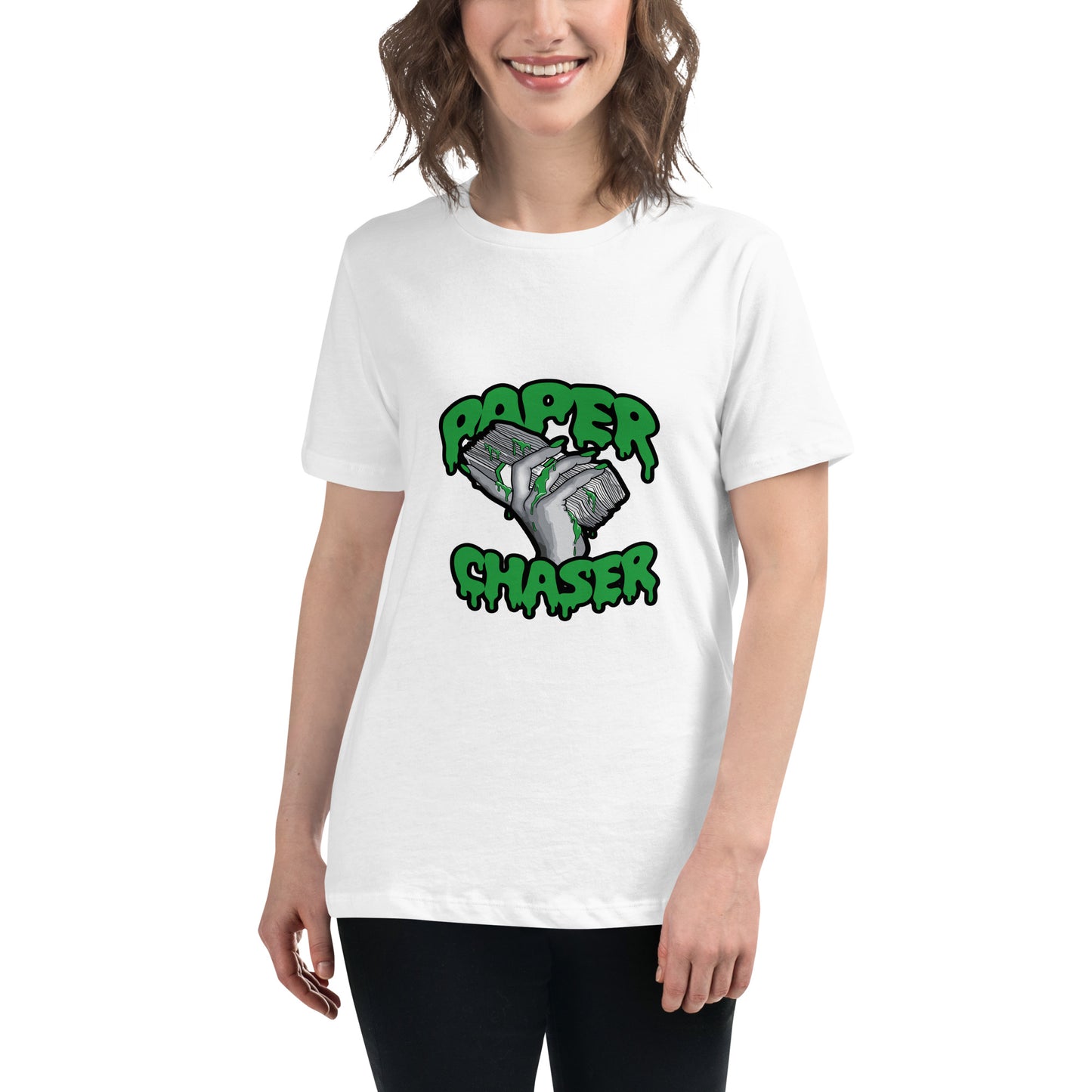 Paper Chaser T shirt with a bold money stack graphic, dripping green details and hand-drawn lettering, printed with high quality DTF printing in the UK.
