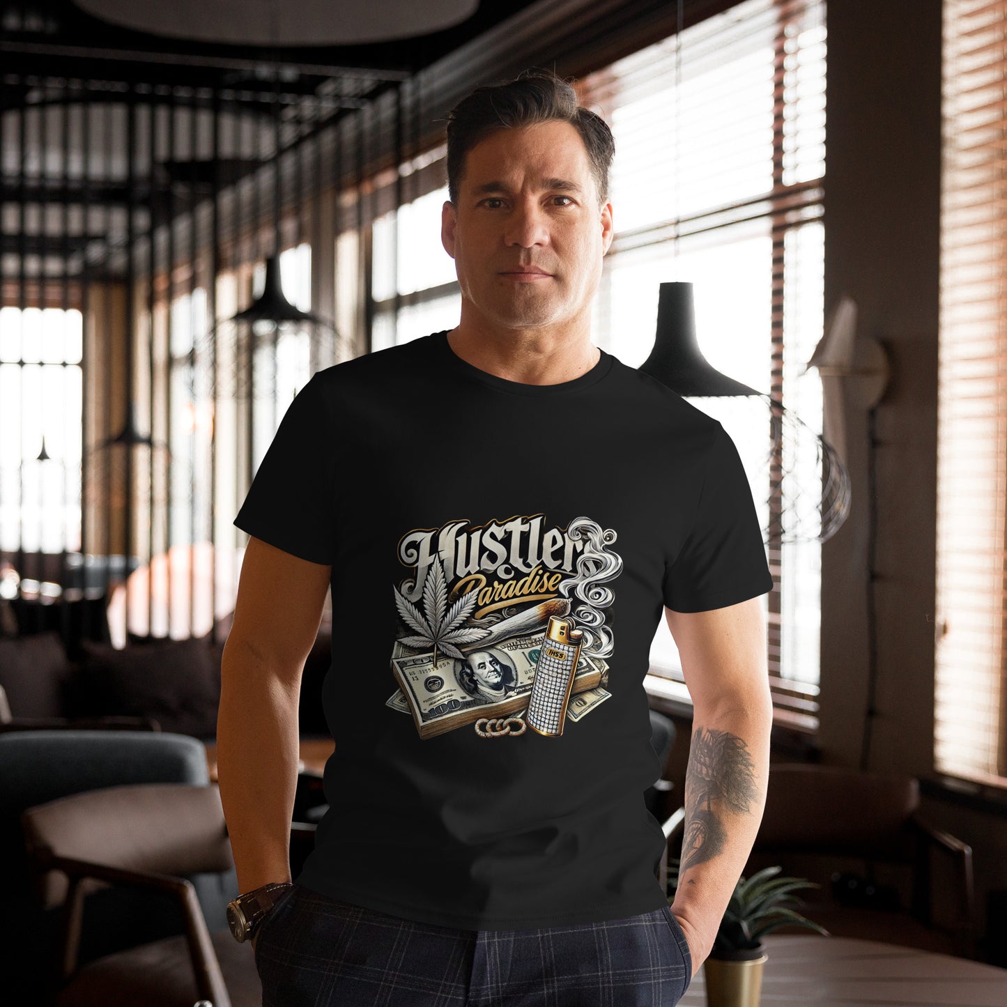 A bold Hustler Paradise streetwear graphic featuring money stacks, smoke art and luxury hustle-inspired details in high-quality print.