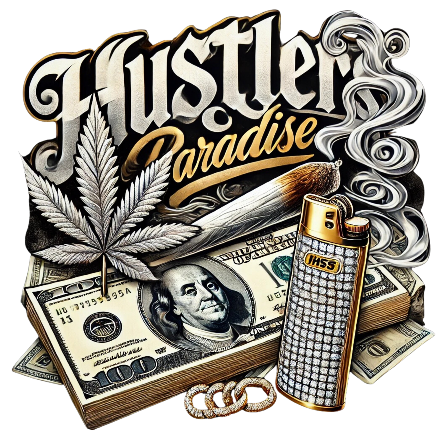 "Hustler's Paradise 420 graphic design with cash, weed leaf, smoke, and diamond lighter on black"

