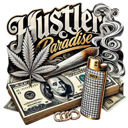 "Hustler's Paradise 420 graphic design with cash, weed leaf, smoke, and diamond lighter on black"

