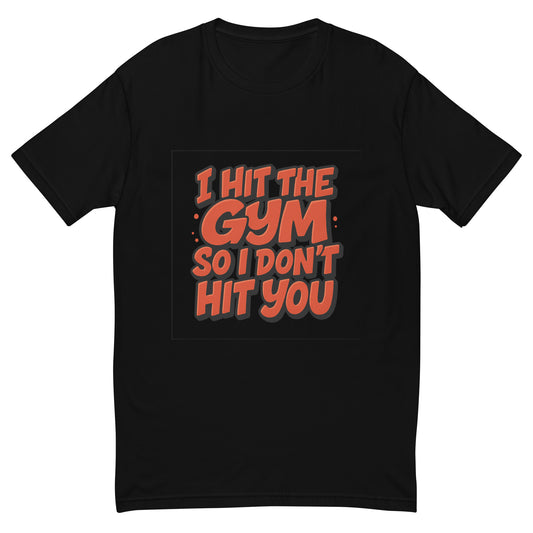 I Hit The Gym So I Don’t Hit You T shirt design with bold red comic lettering, perfect for funny gym apparel, fitness humour clothing and custom DTF printing UK