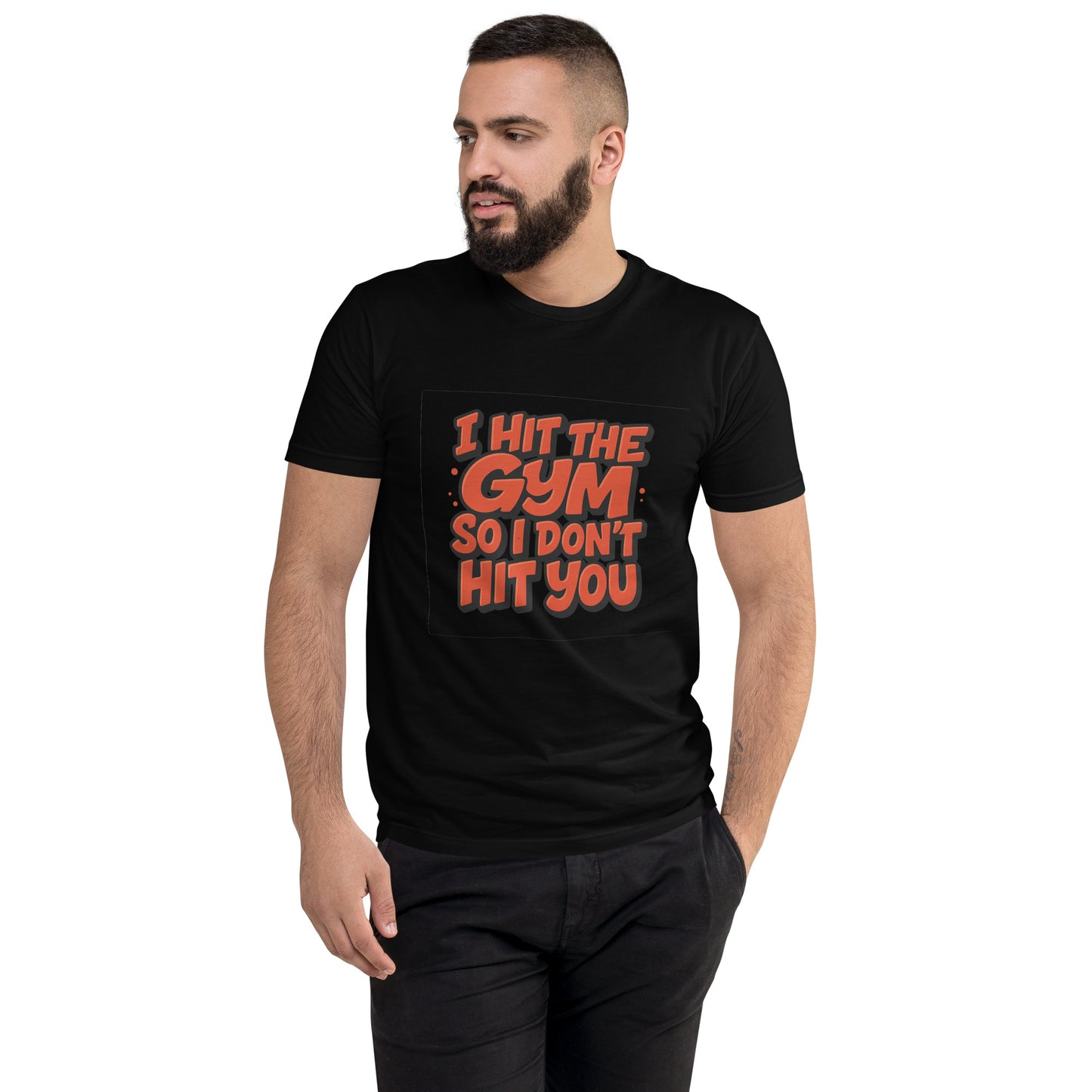 I Hit The Gym So I Don’t Hit You T shirt design with bold red comic lettering, perfect for funny gym apparel, fitness humour clothing and custom DTF printing UK