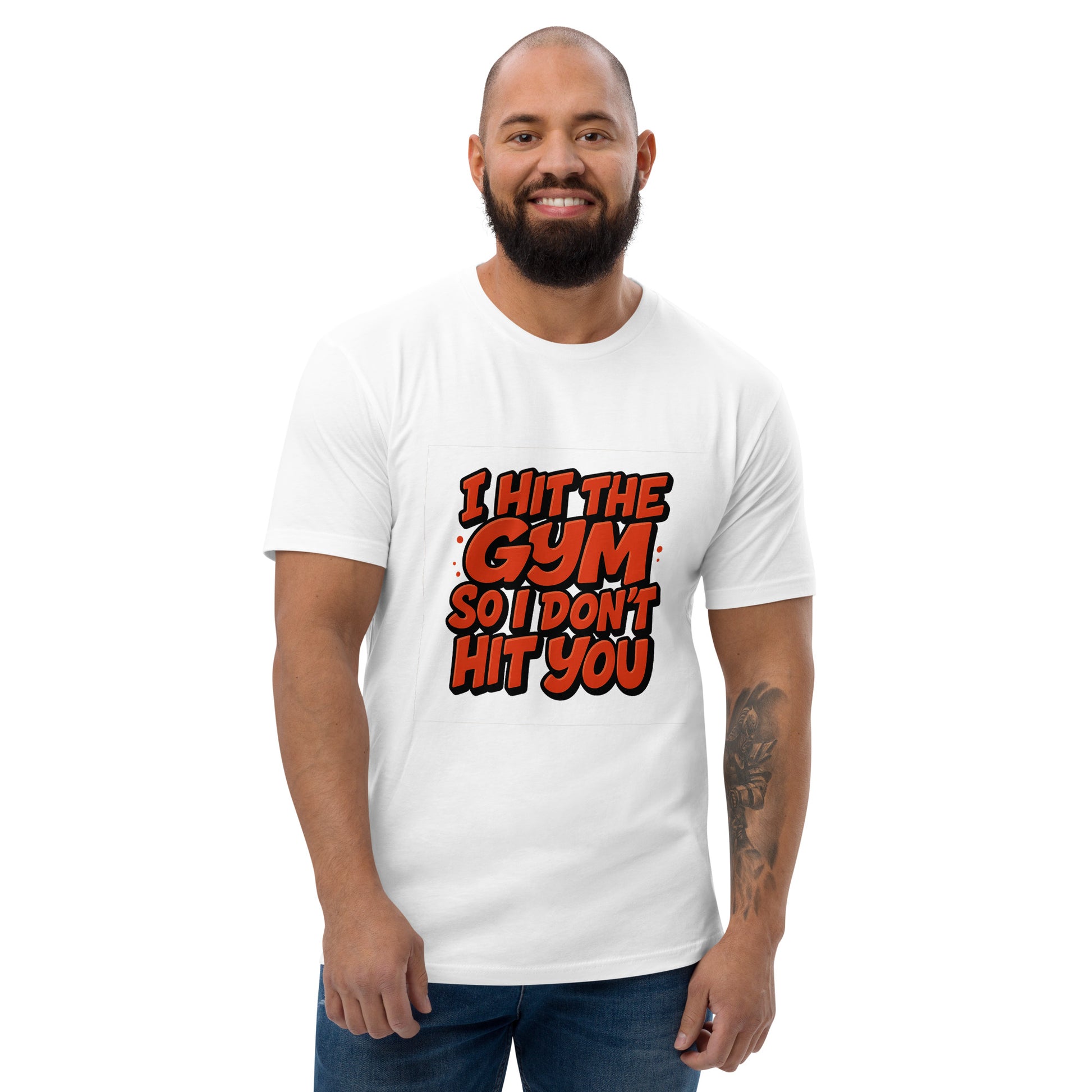 I Hit The Gym So I Don’t Hit You T shirt design with bold red comic lettering, perfect for funny gym apparel, fitness humour clothing and custom DTF printing UK