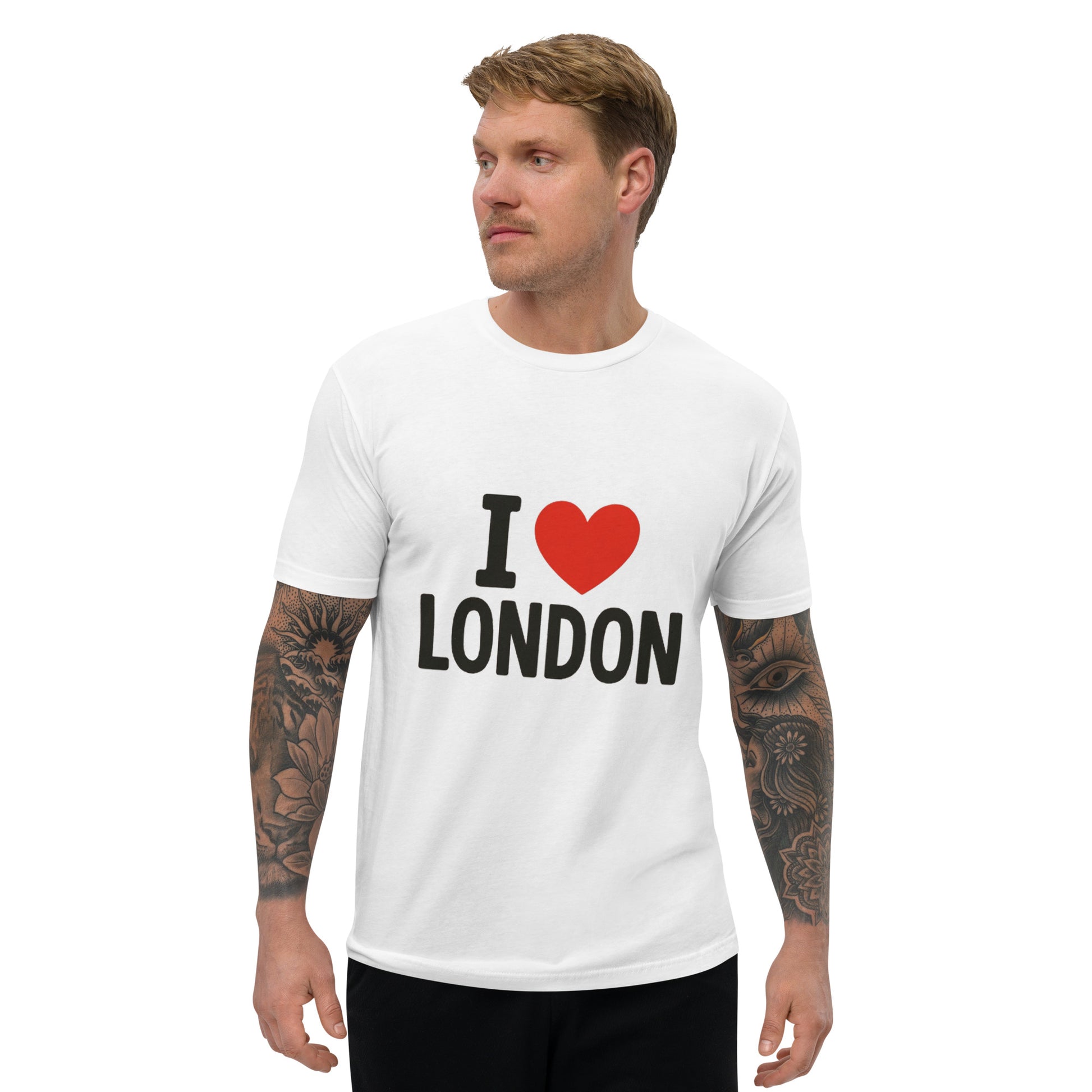 I Love London T shirt design with bold heart graphic and iconic British lettering, perfect for UK souvenir clothing, London themed apparel and custom DTF printing in the UK