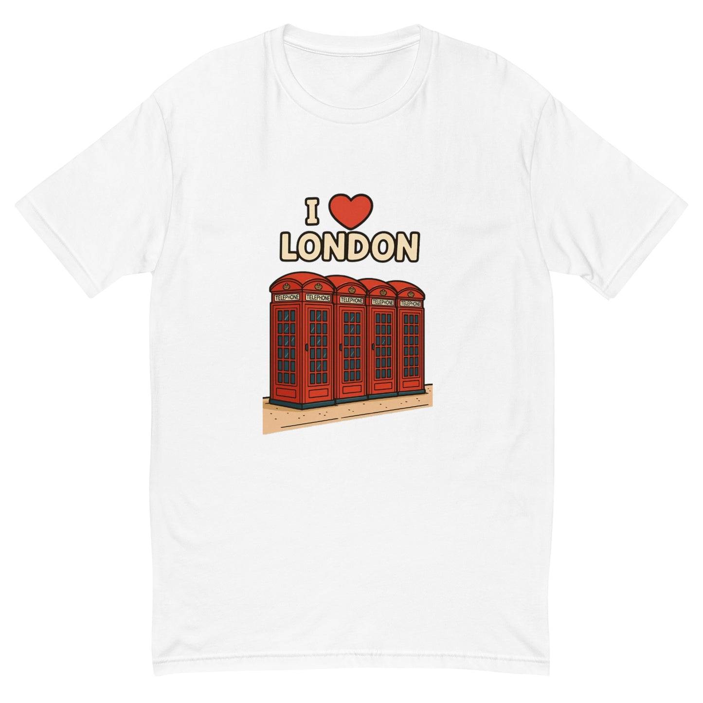I Love London T shirt design with classic red British telephone boxes and bold lettering, perfect for UK souvenir clothing, London themed apparel and British travel gifts printed with high quality DTF printing UK