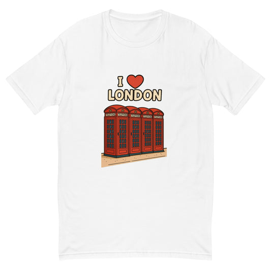 I Love London T shirt design with classic red British telephone boxes and bold lettering, perfect for UK souvenir clothing, London themed apparel and British travel gifts printed with high quality DTF printing UK