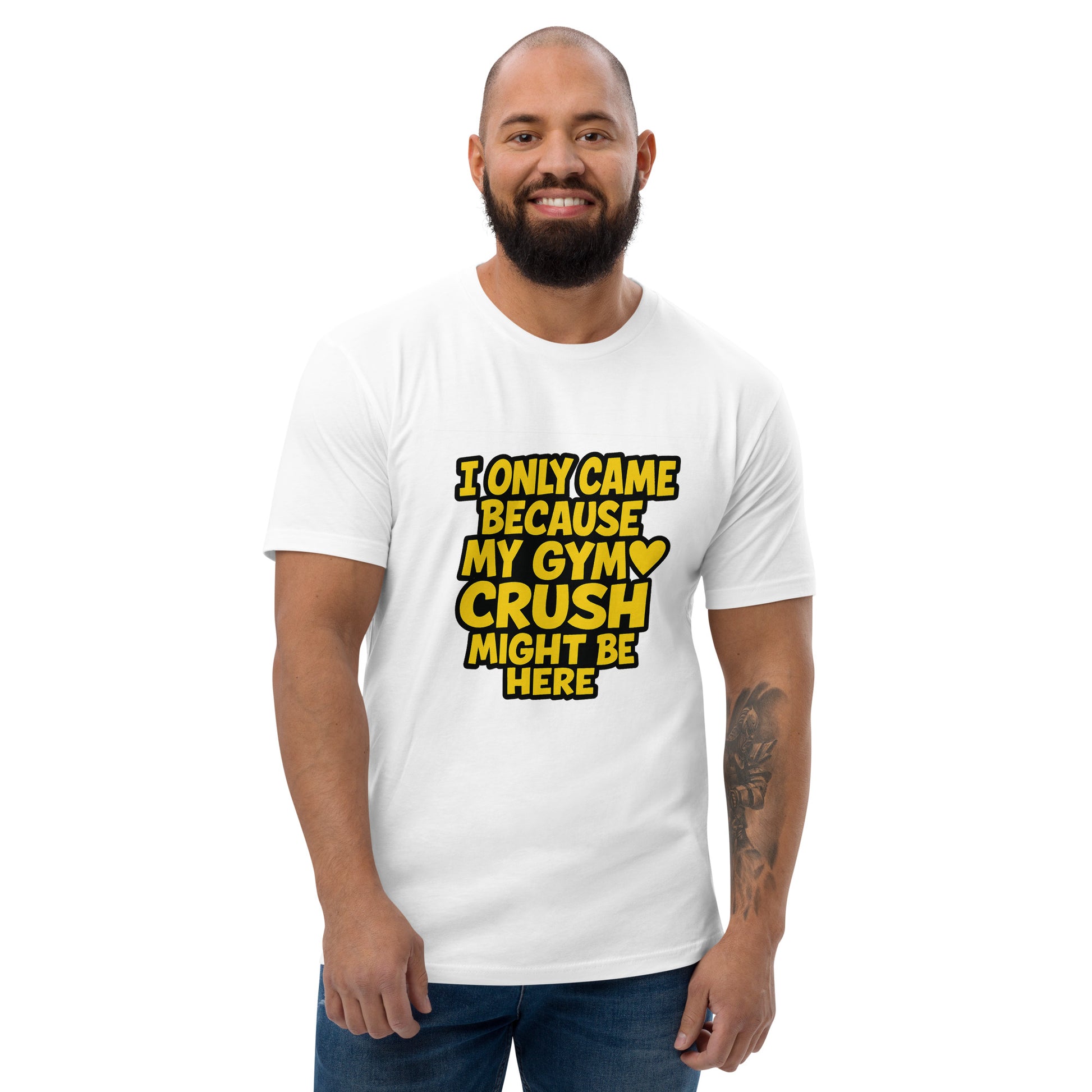 I Only Came Because My Gym Crush Might Be Here T shirt design with bold yellow lettering and heart graphic, perfect for funny gym apparel, fitness humour clothing and custom DTF printing UK