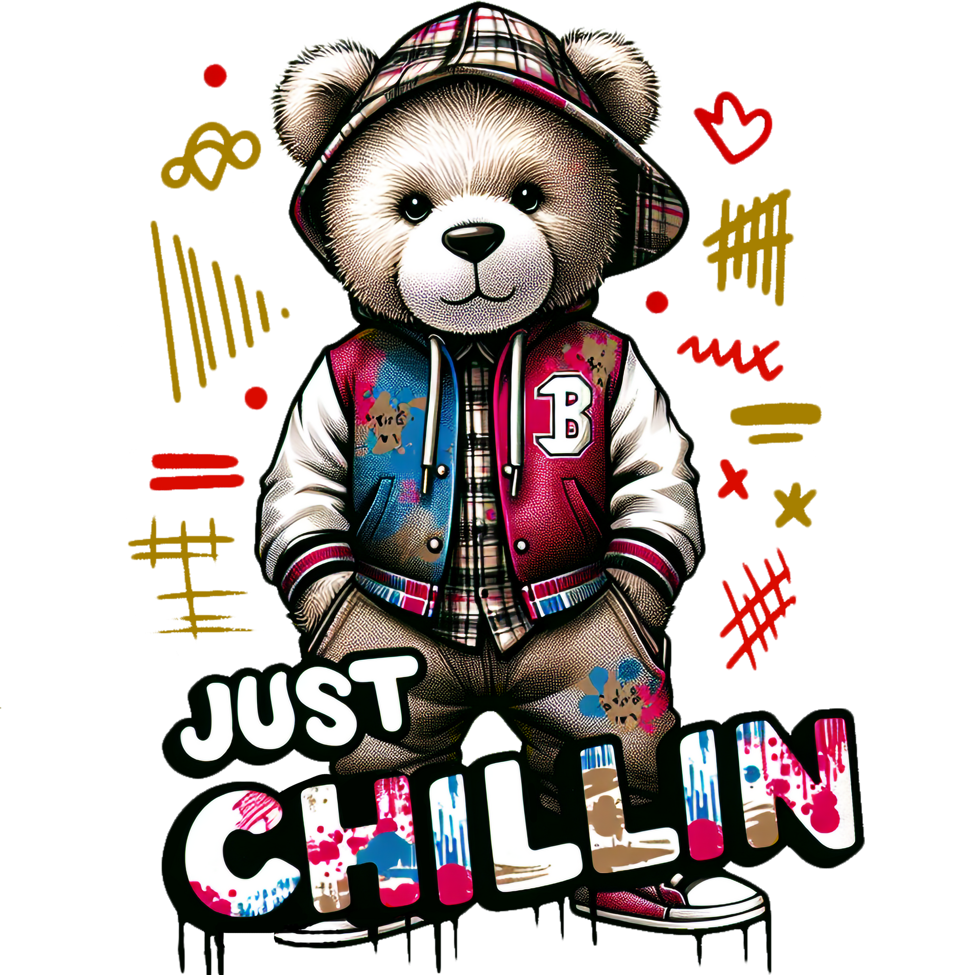 A cute streetwear teddy bear graphic with bright colours and urban lettering, printed using high-quality DTF printing in the UK.
