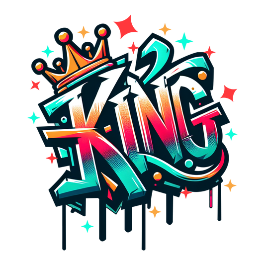 KING streetwear T shirt design featuring bold graffiti lettering with a crown illustration, created for fans of urban fashion and hip-hop style and professionally printed with high quality DTF printing in the UK.


