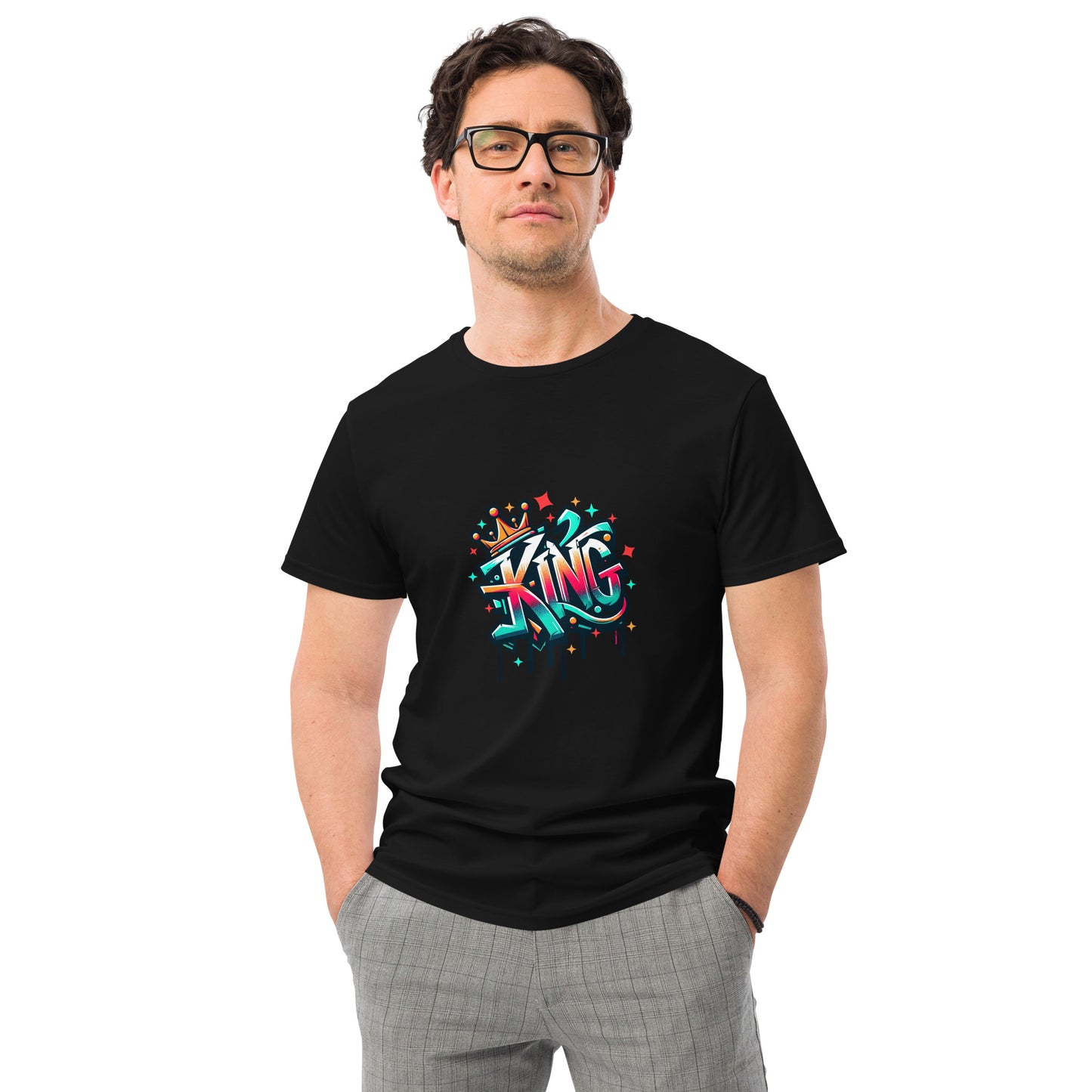 KING streetwear T shirt design featuring bold graffiti lettering with a crown illustration, created for fans of urban fashion and hip-hop style and professionally printed with high quality DTF printing in the UK.
