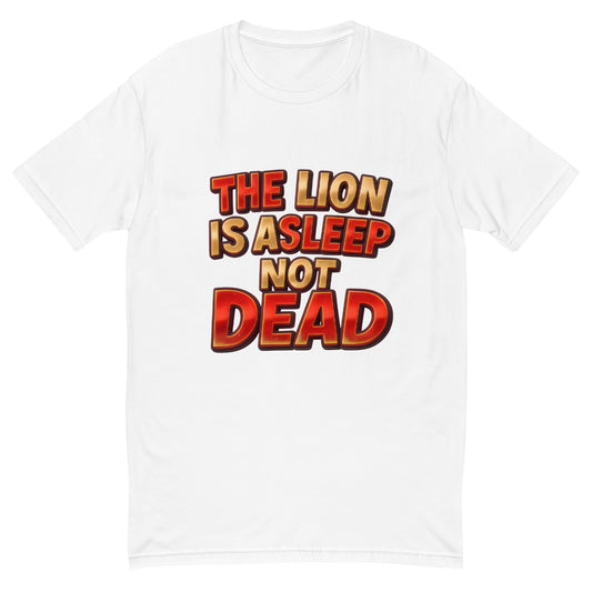 The Lion Is Asleep Not Dead T shirt design with bold red and gold 3D lettering, perfect for motivational gym apparel, fitness inspiration clothing and custom DTF printing UK