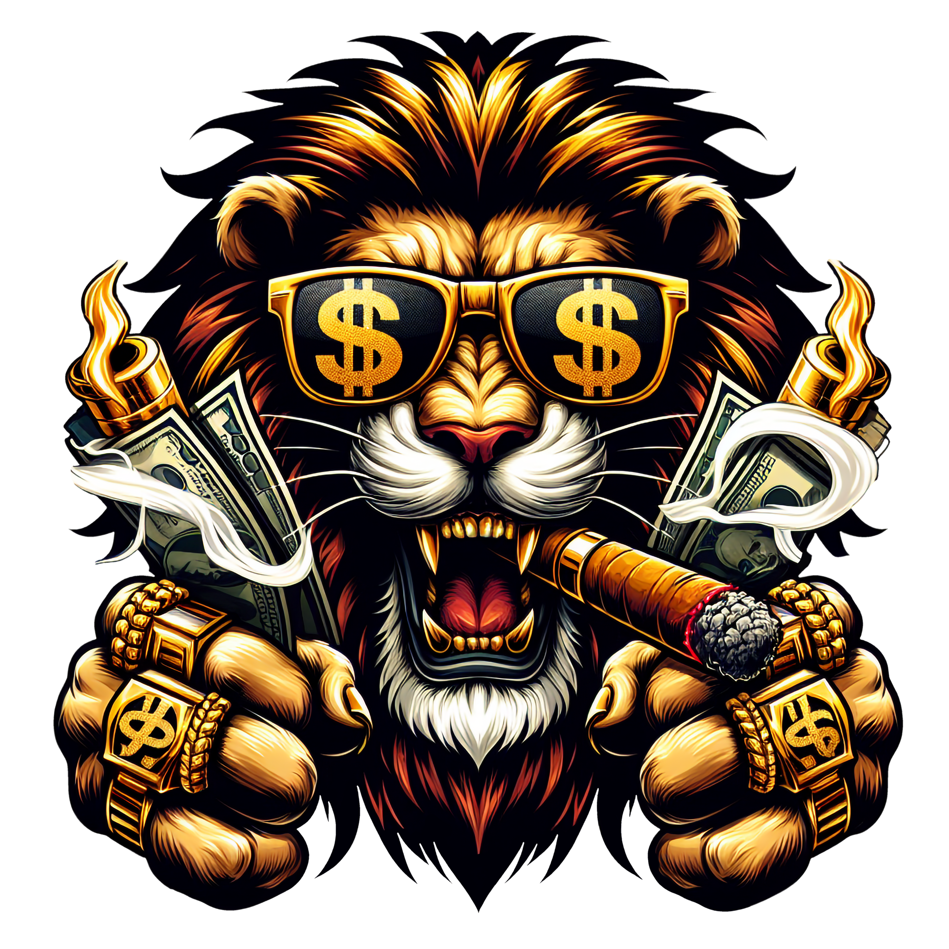 A fierce gangster lion wearing gold jewellery and dollar-sign sunglasses while smoking a cigar, illustrated in a bold streetwear graphic style for a vibrant T-shirt design