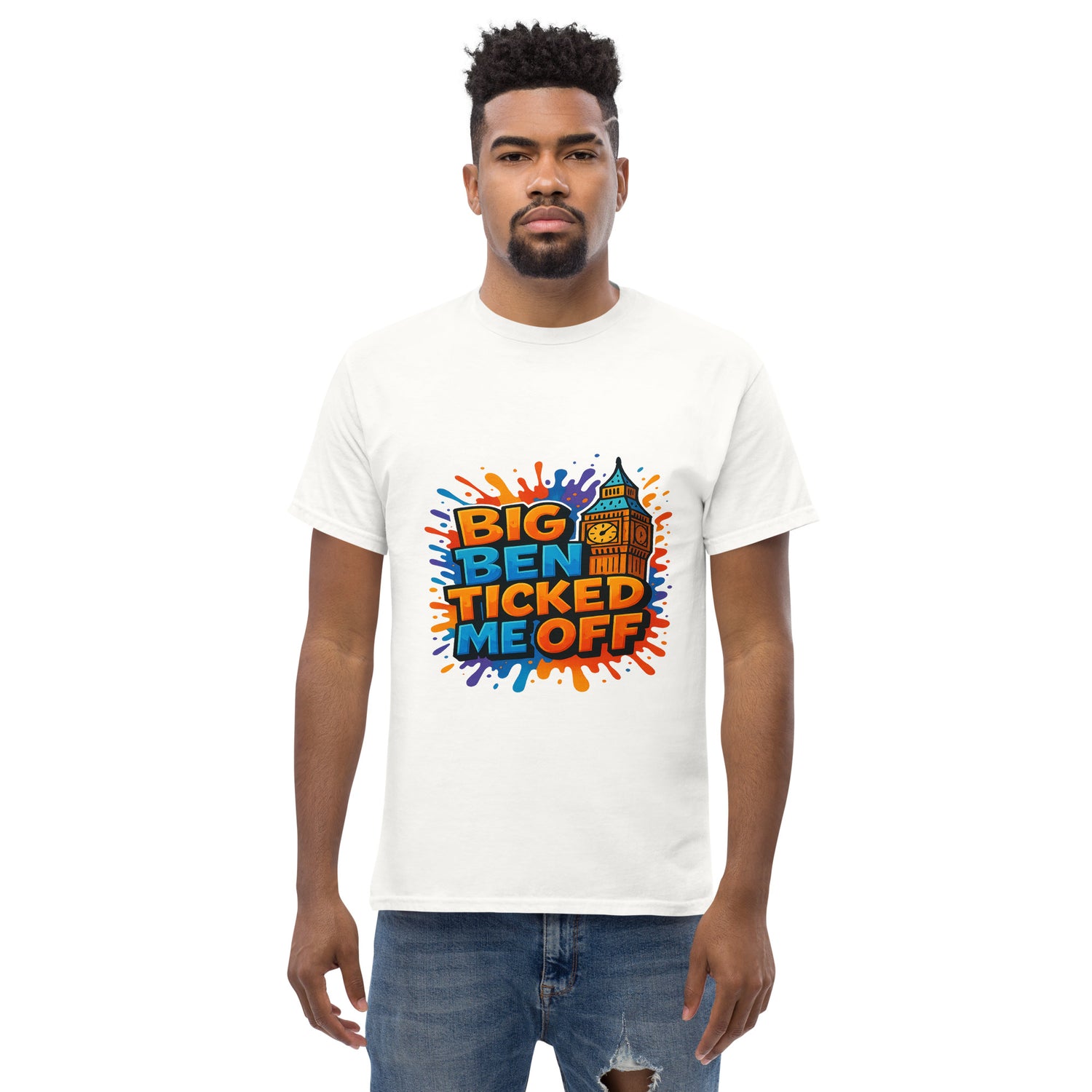 big ben ticked me off printed t shirt with colourful London quote text and illustrated clock tower graphic