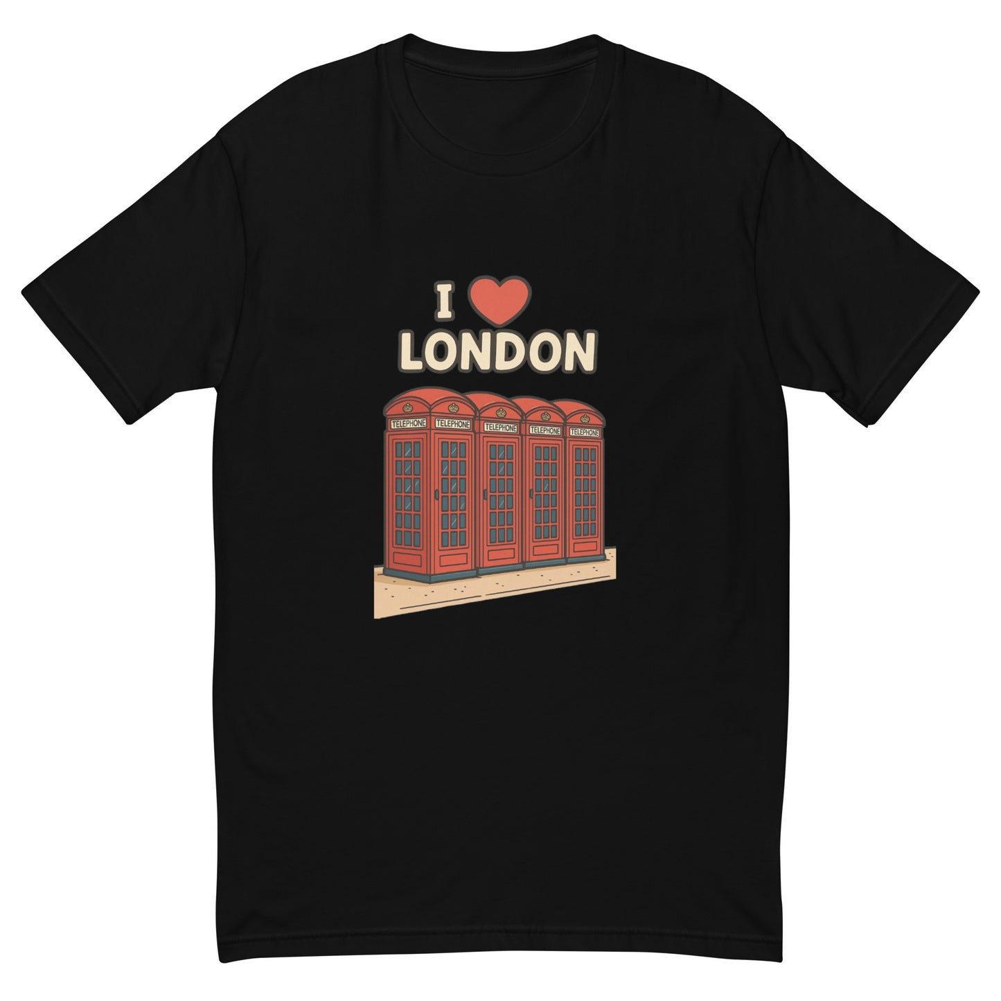I Love London T shirt design with classic red British telephone boxes and bold lettering, perfect for UK souvenir clothing, London themed apparel and British travel gifts printed with high quality DTF printing UK