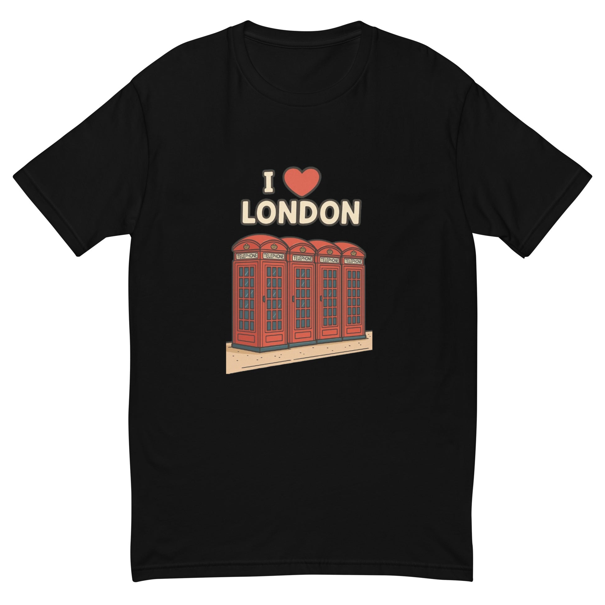 I Love London T shirt design with classic red British telephone boxes and bold lettering, perfect for UK souvenir clothing, London themed apparel and British travel gifts printed with high quality DTF printing UK