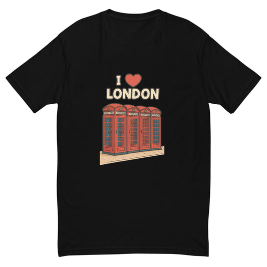 I Love London T shirt design with classic red British telephone boxes and bold lettering, perfect for UK souvenir clothing, London themed apparel and British travel gifts printed with high quality DTF printing UK