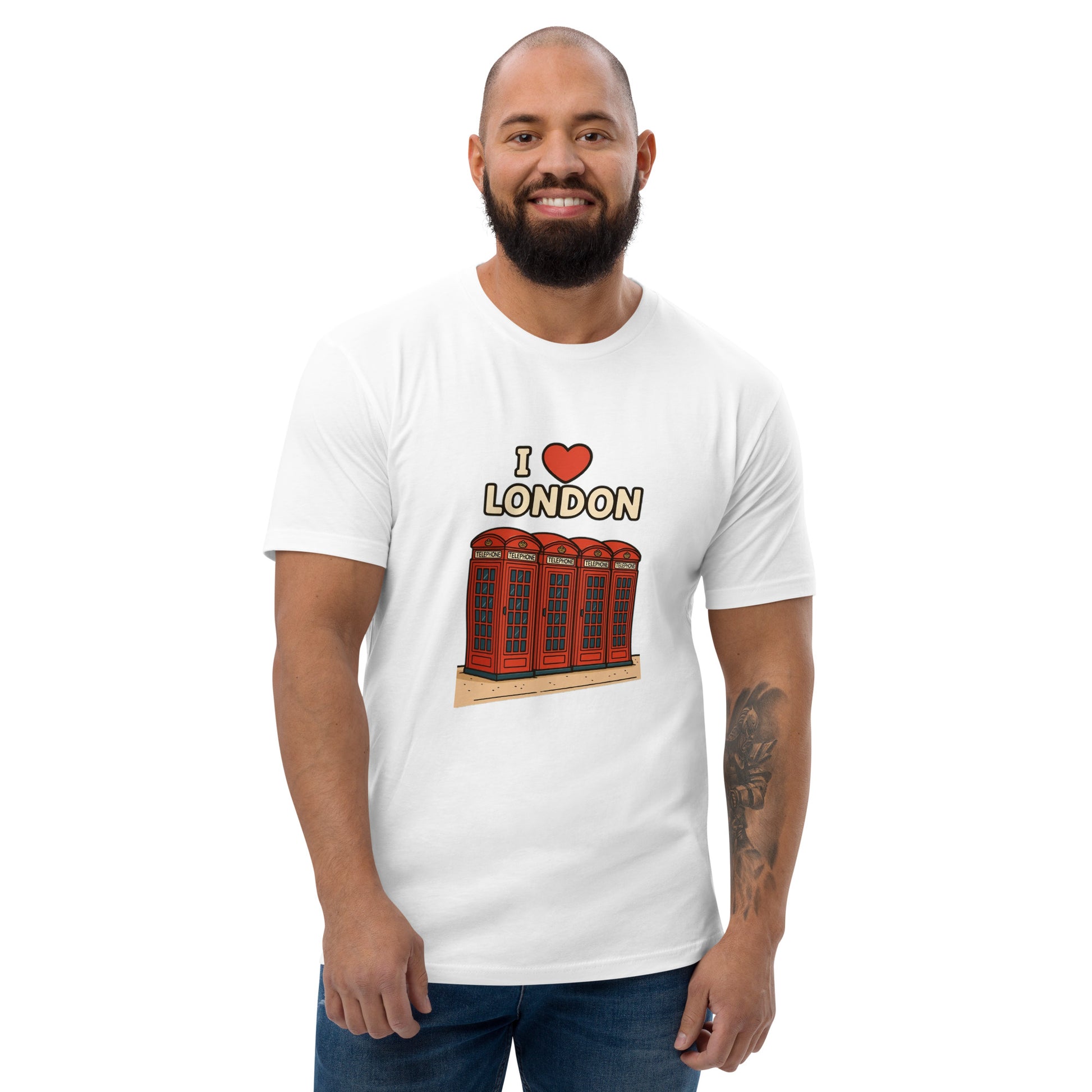 I Love London T shirt design with classic red British telephone boxes and bold lettering, perfect for UK souvenir clothing, London themed apparel and British travel gifts printed with high quality DTF printing UK