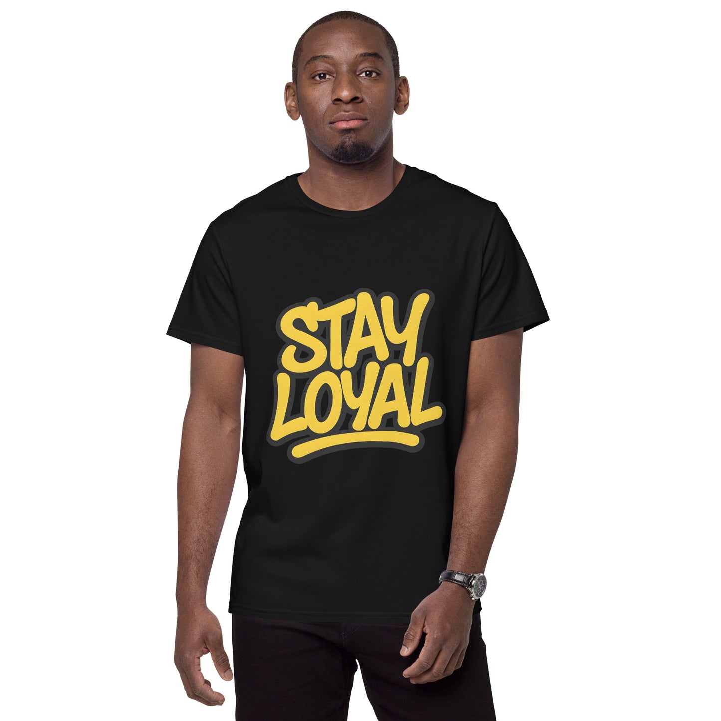 stay loyal printed t shirt with bold yellow slogan lettering and dripping street style graphic design
