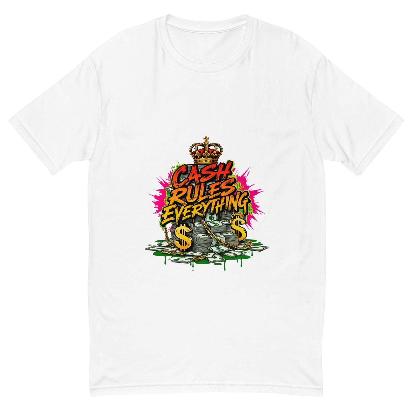Graffiti-style Cash Rules Everything t-shirt design with money graphics and crown.
