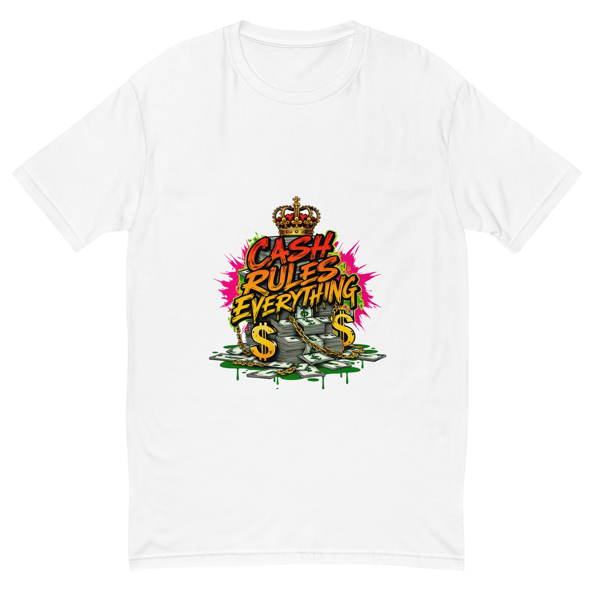 Graffiti-style Cash Rules Everything t-shirt design with money graphics and crown.
