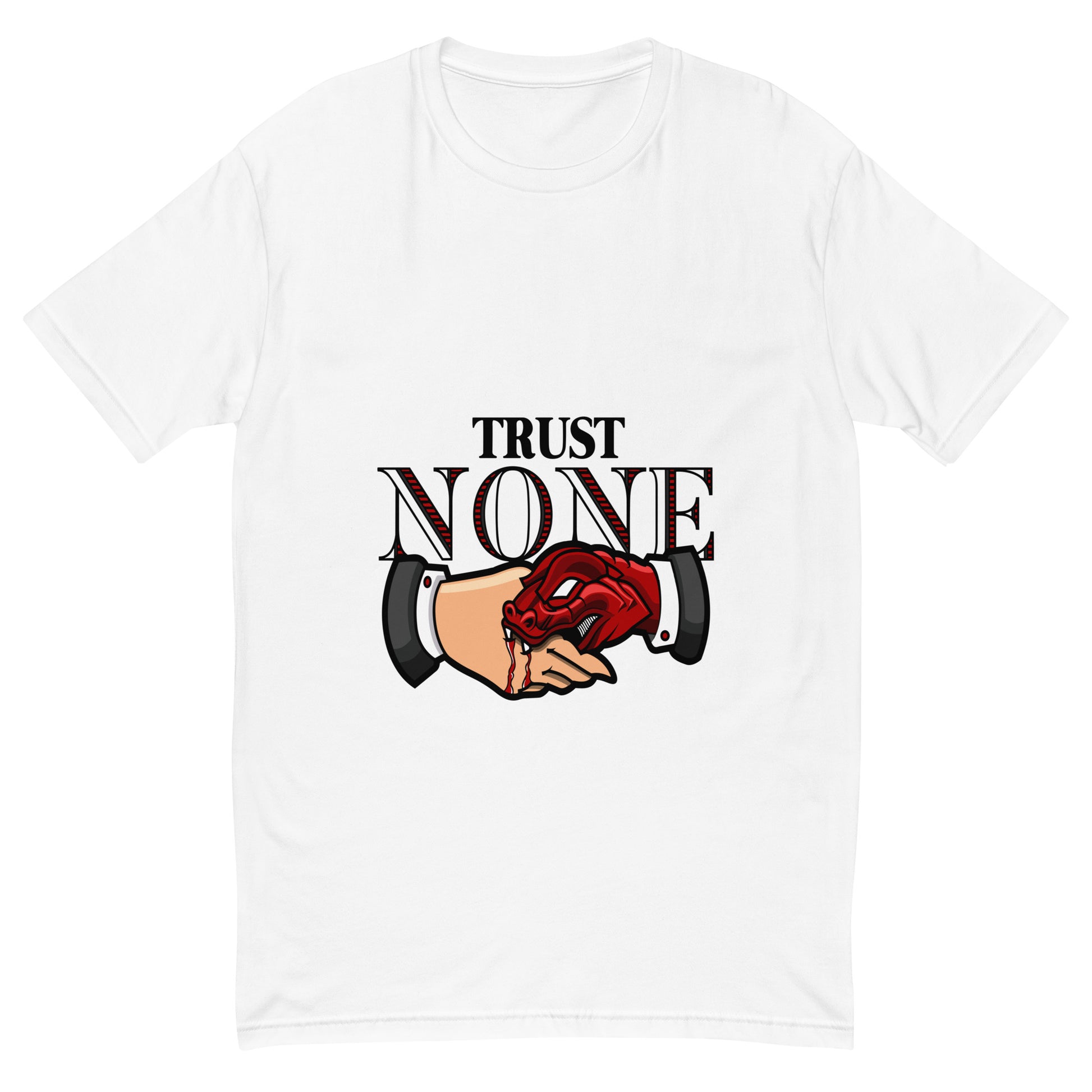 Trust None T-shirt with snake-hand handshake and bold message

