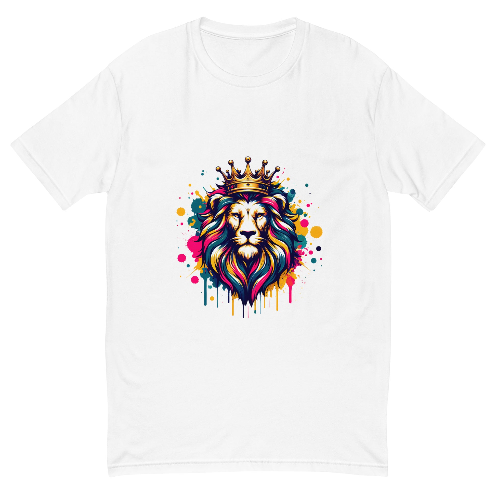 Crowned Lion T-shirt with colourful mane and vibrant splatter art

