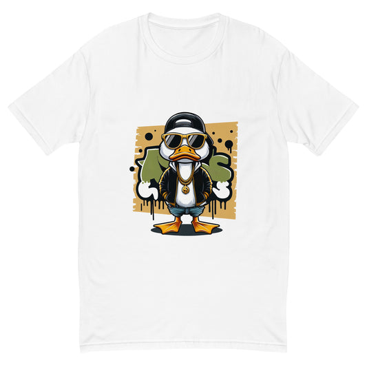 Cool cartoon duck in black jacket and sunglasses with graffiti background.

