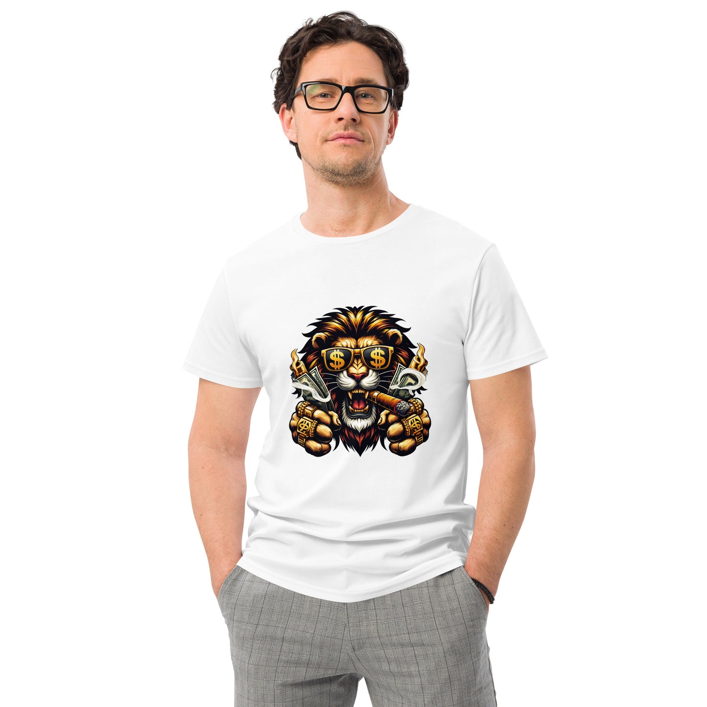 A fierce gangster lion wearing gold jewellery and dollar-sign sunglasses while smoking a cigar, illustrated in a bold streetwear graphic style for a vibrant T-shirt design