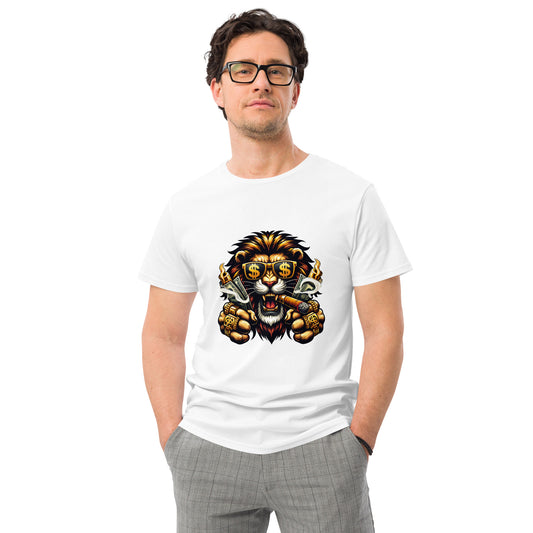 A fierce gangster lion wearing gold jewellery and dollar-sign sunglasses while smoking a cigar, illustrated in a bold streetwear graphic style for a vibrant T-shirt design