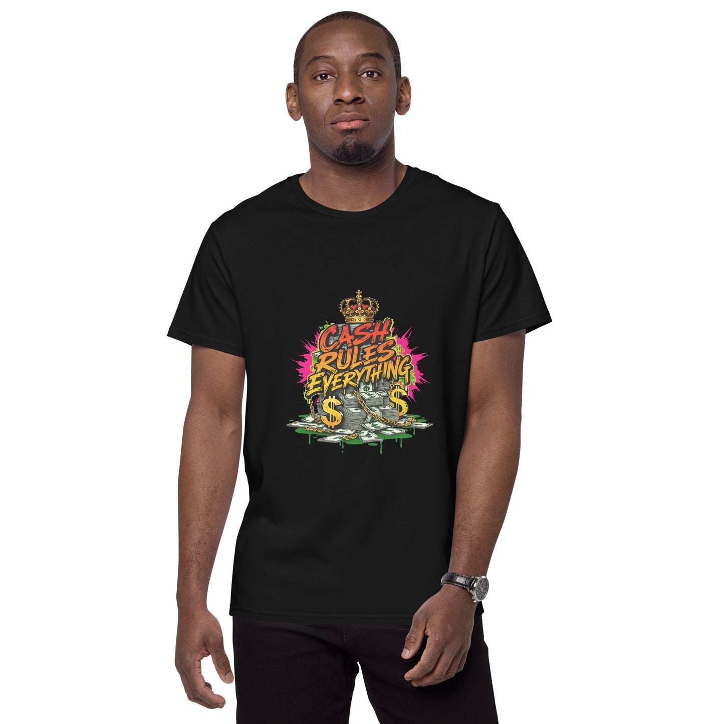 Graffiti-style Cash Rules Everything t-shirt design with money graphics and crown.
