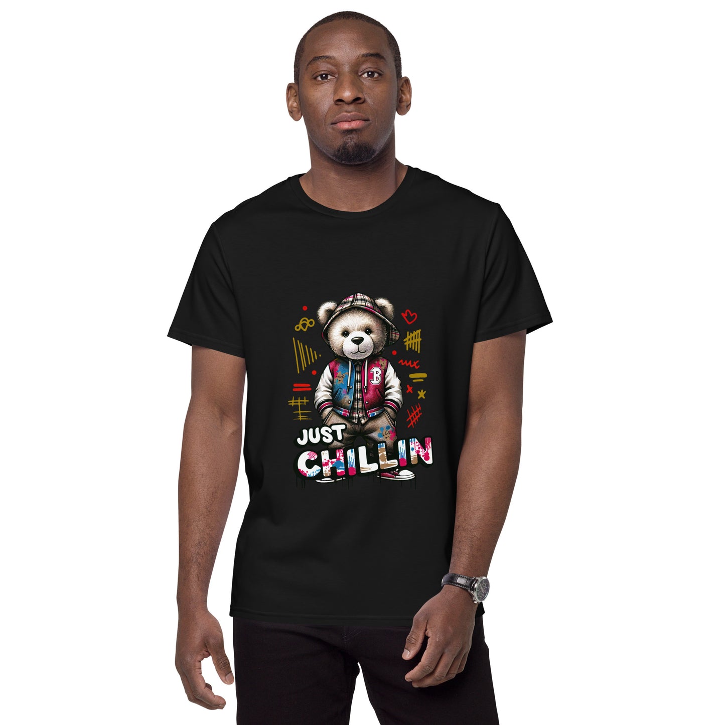 Just Chillin T-shirt with cartoon bear in streetwear and graffiti elements

