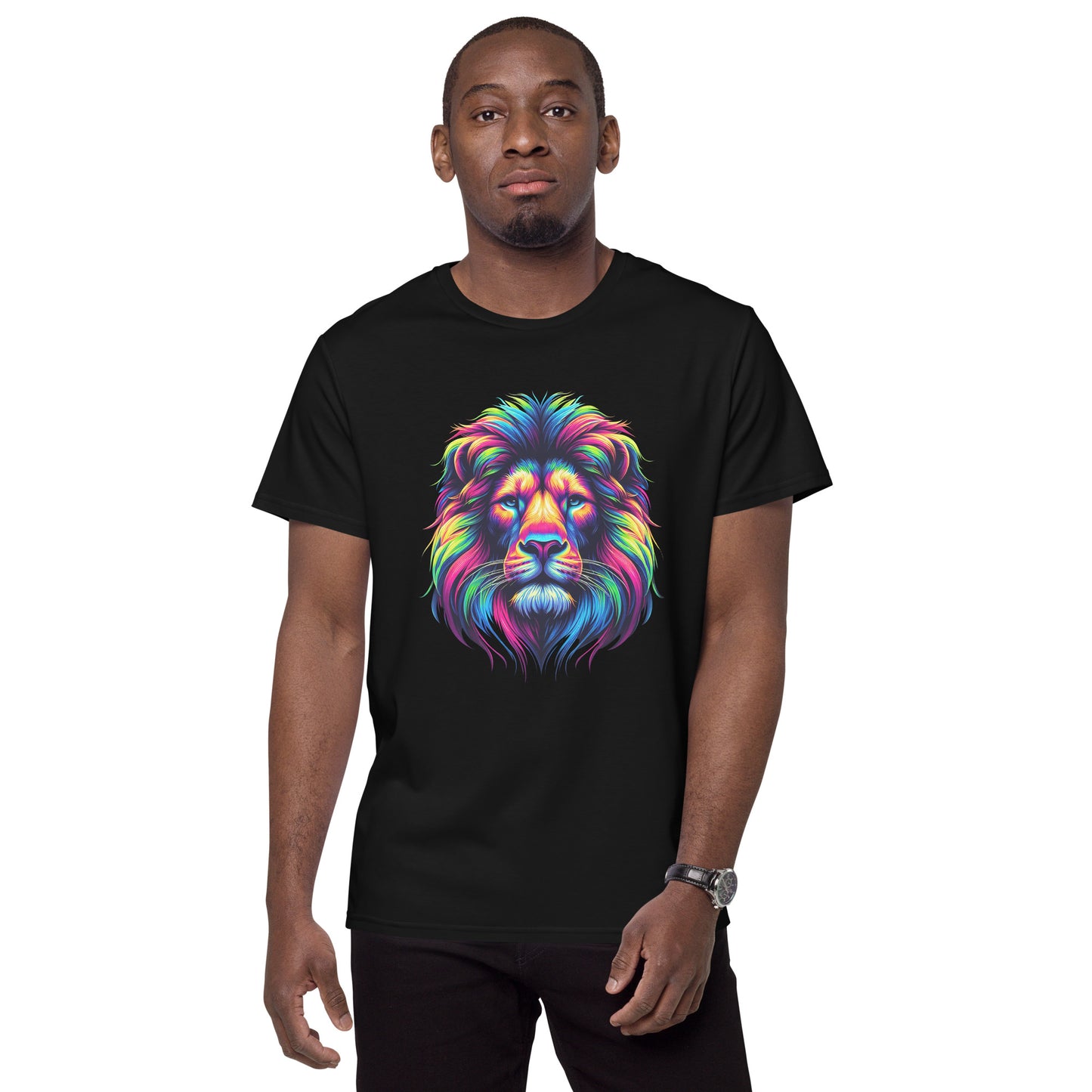 Colorful lion face graphic on t-shirt.
