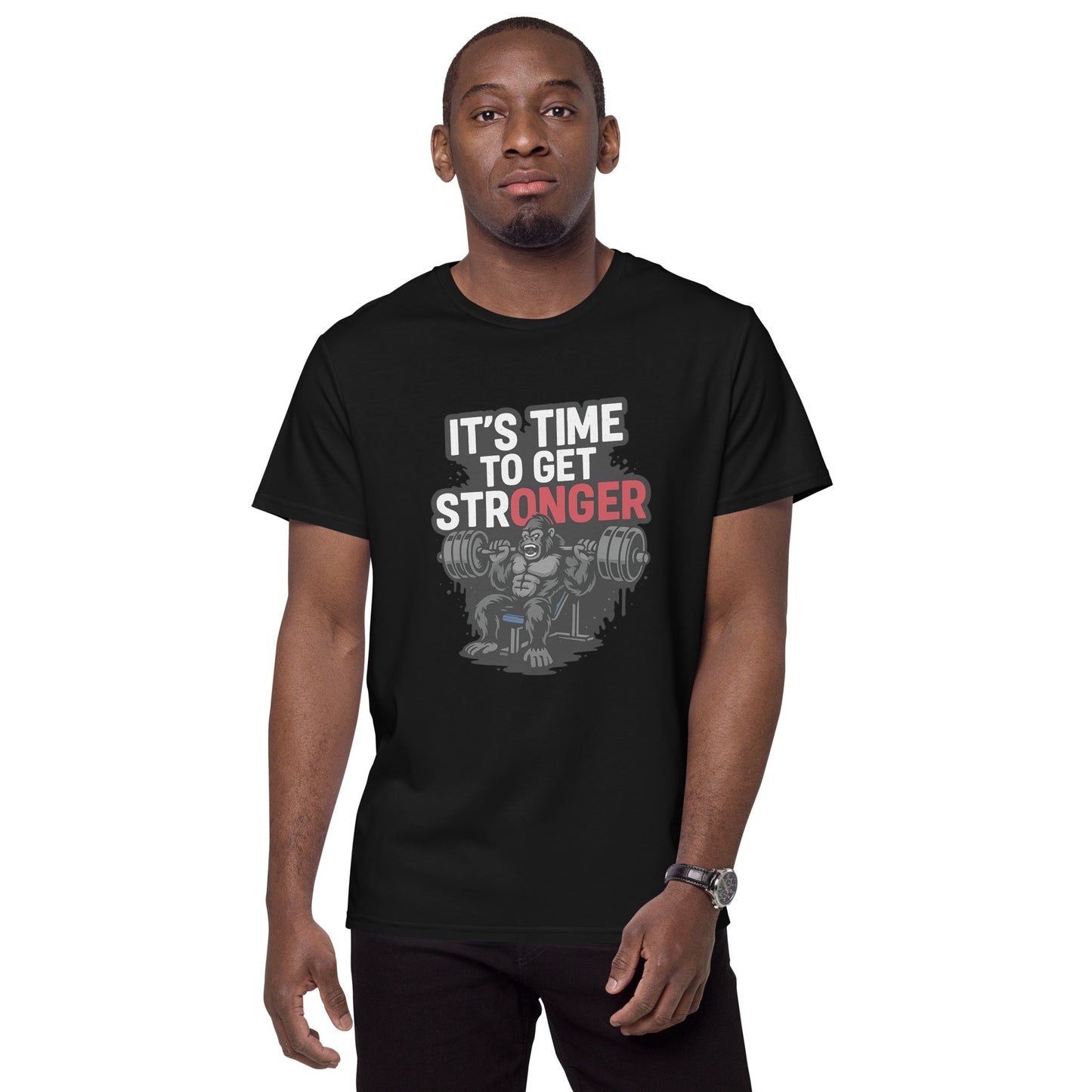 Gorilla bench pressing weights with ‘It’s Time to Get Stronger’ gym quote

