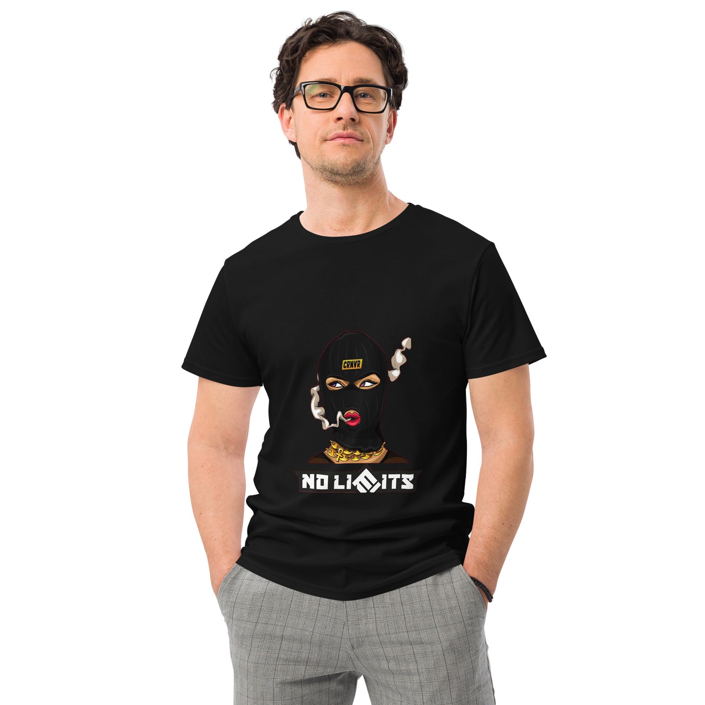 No Limits female masked character t-shirt design with bold text, smoke detail, and gold jewellery. 


