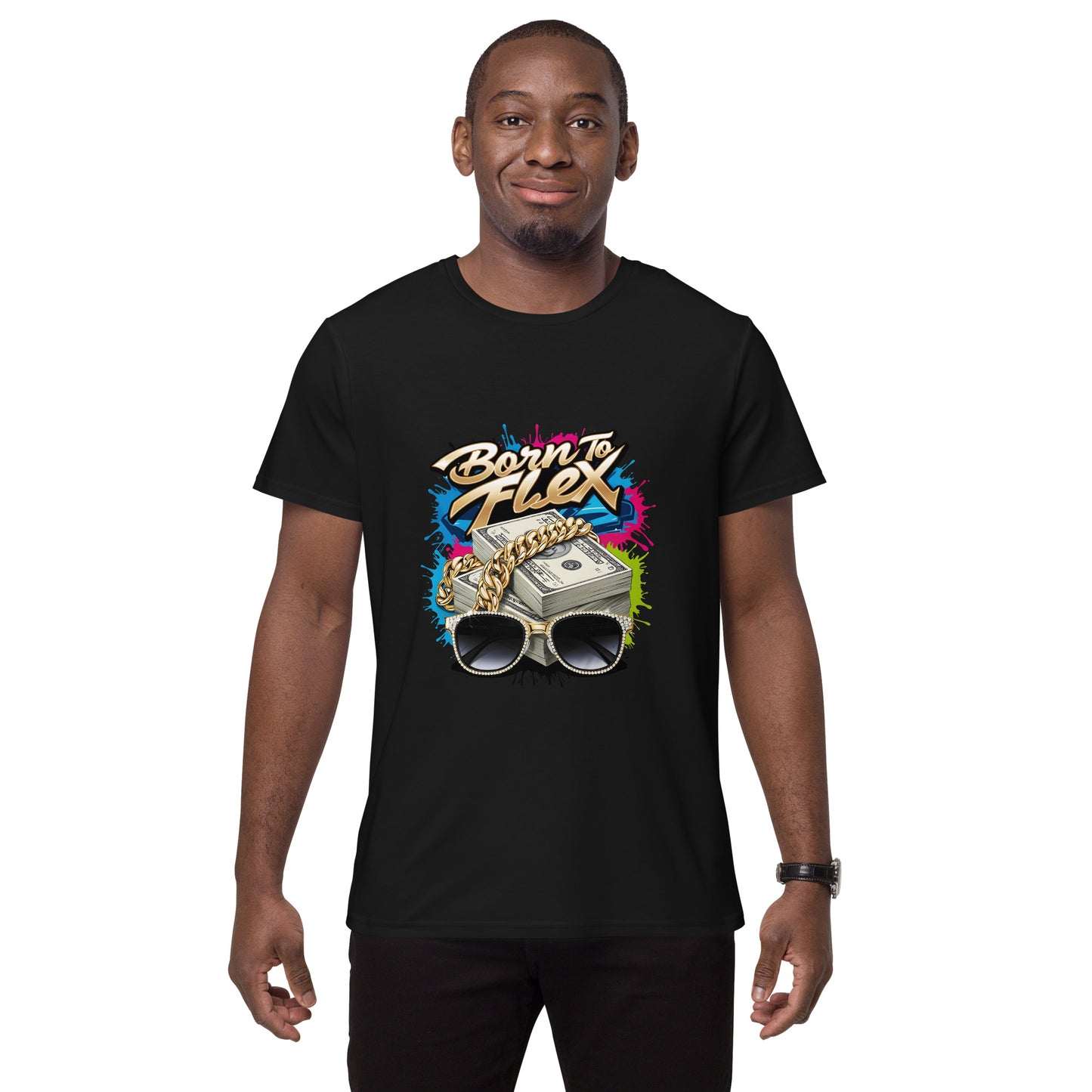 Born to Flex T-shirt with cash, gold chain, and diamond sunglasses

