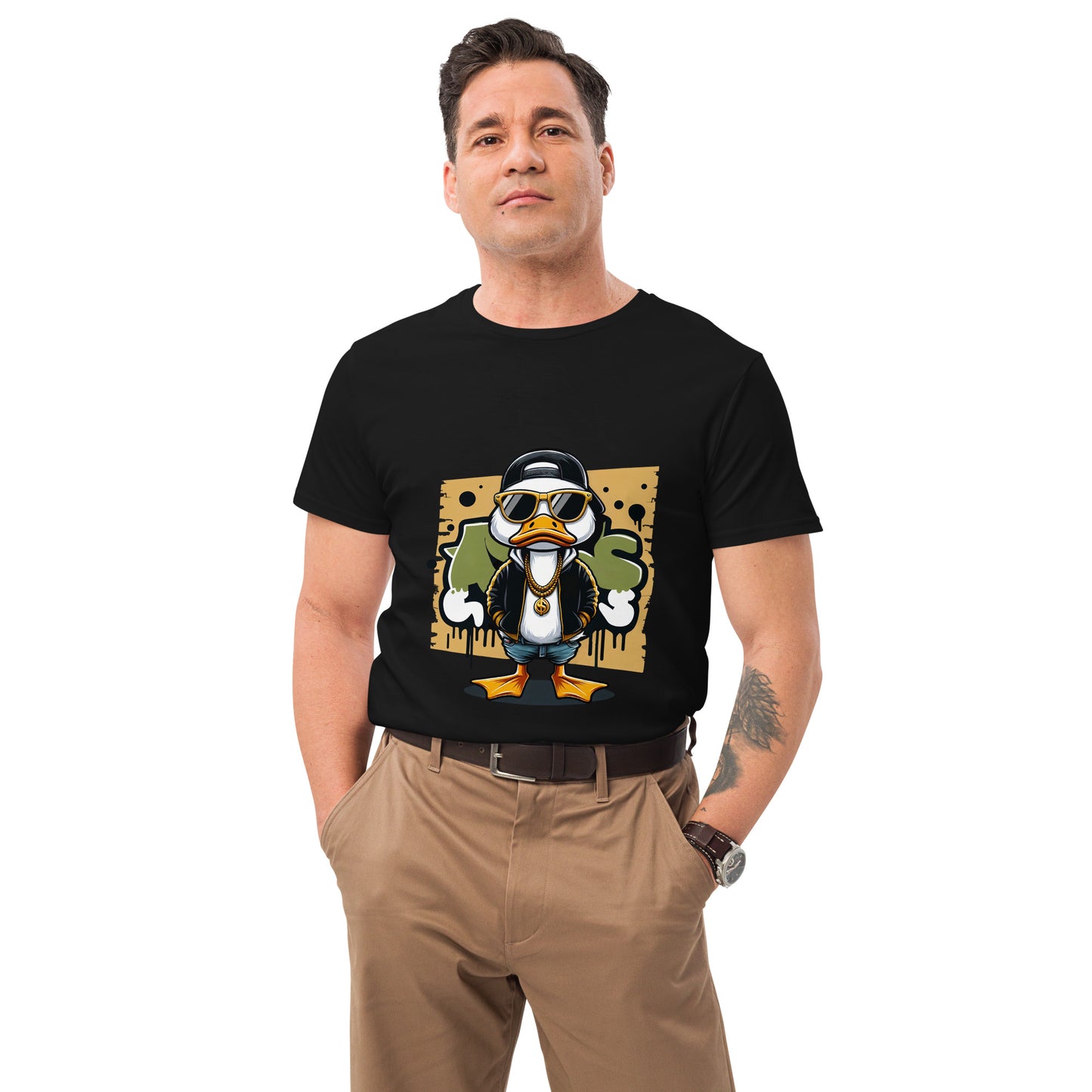 Cool cartoon duck in black jacket and sunglasses with graffiti background.


