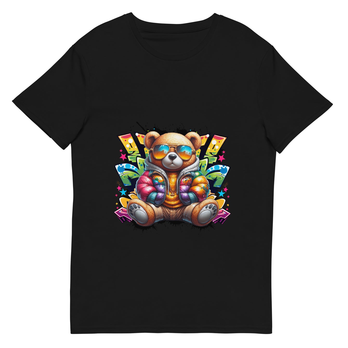 Cartoon bear with colourful jacket and sunglasses in graffiti background.

