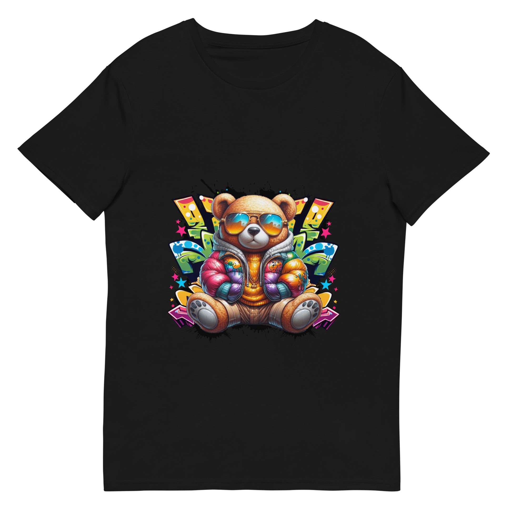 Cartoon bear with colourful jacket and sunglasses in graffiti background.

