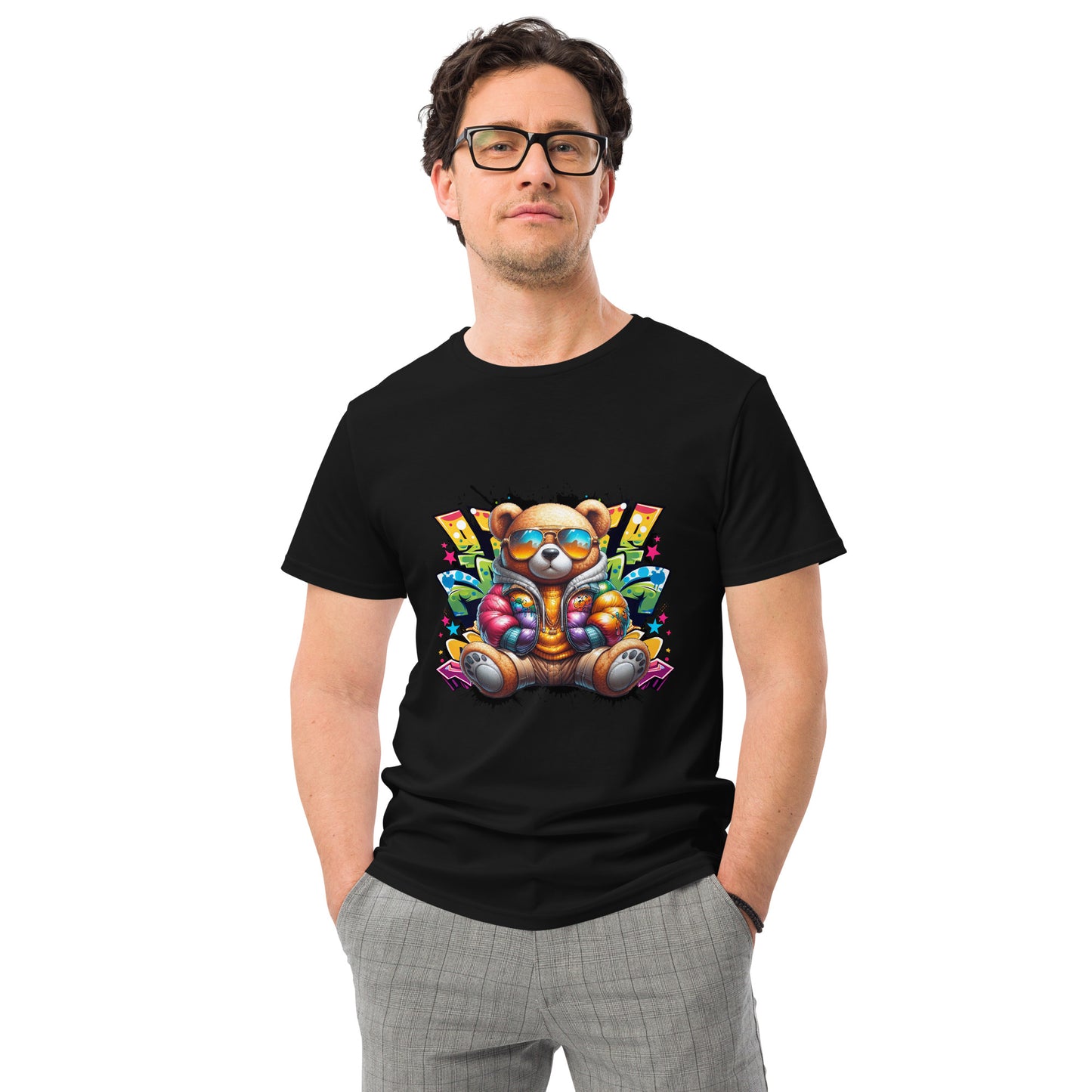 Cartoon bear with colourful jacket and sunglasses in graffiti background.

