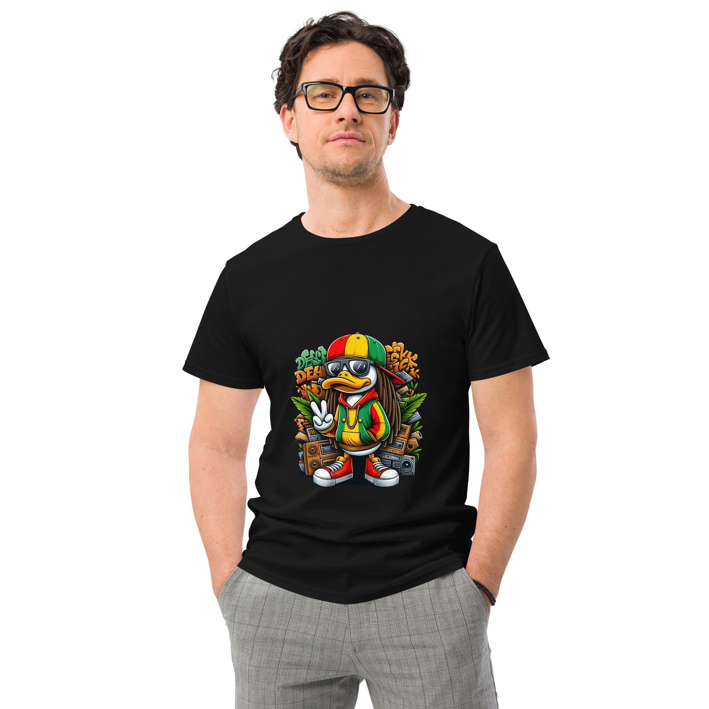Cartoon reggae duck wearing rasta colours with boom box and peace sign

