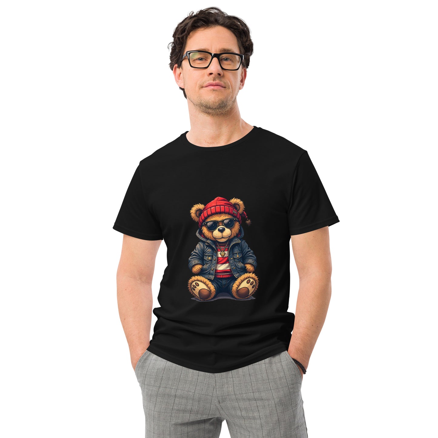 Cartoon hipster bear wearing beanie and sunglasses winter streetwear graphic t-shirt

