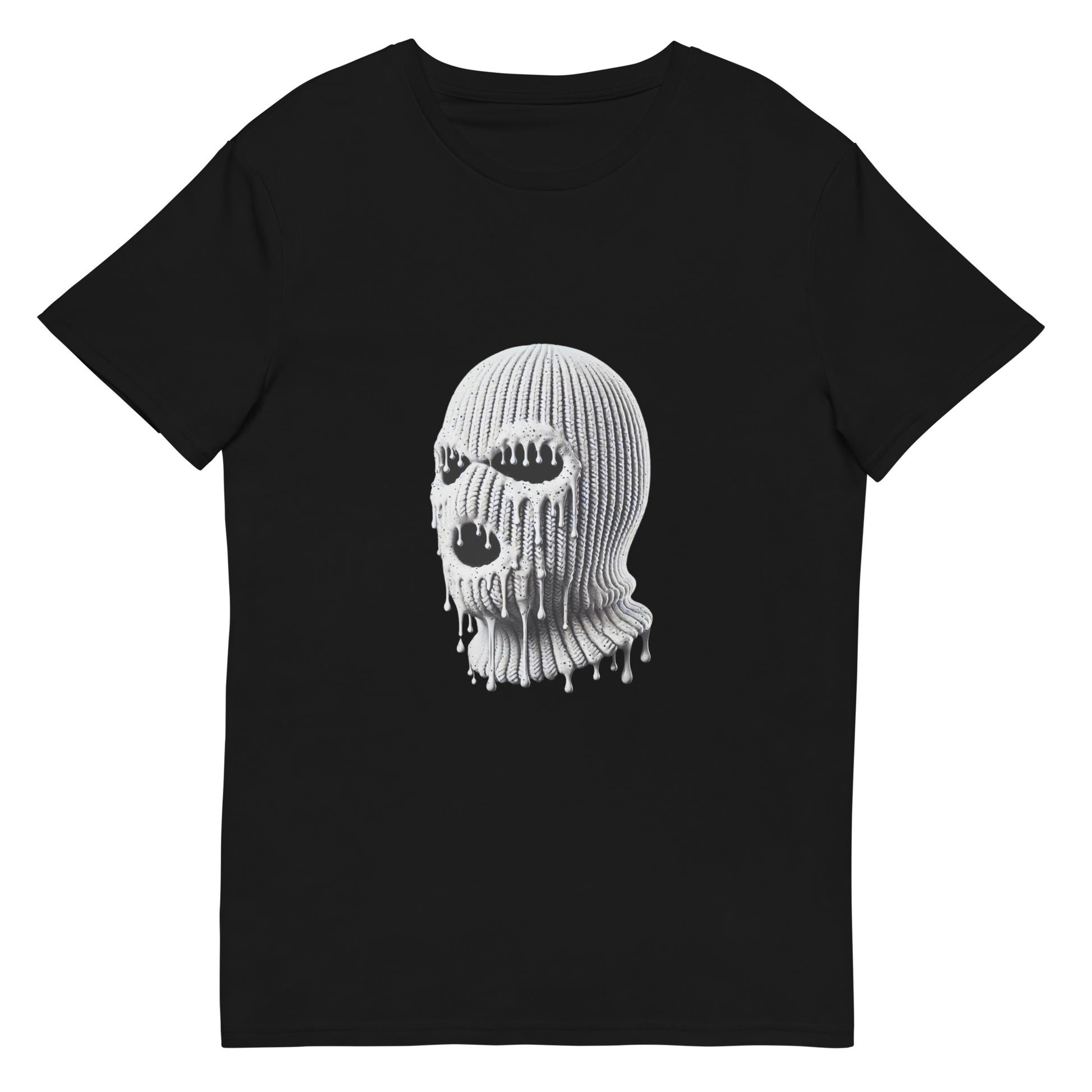 Melting ski mask skull graphic with edgy streetwear design
