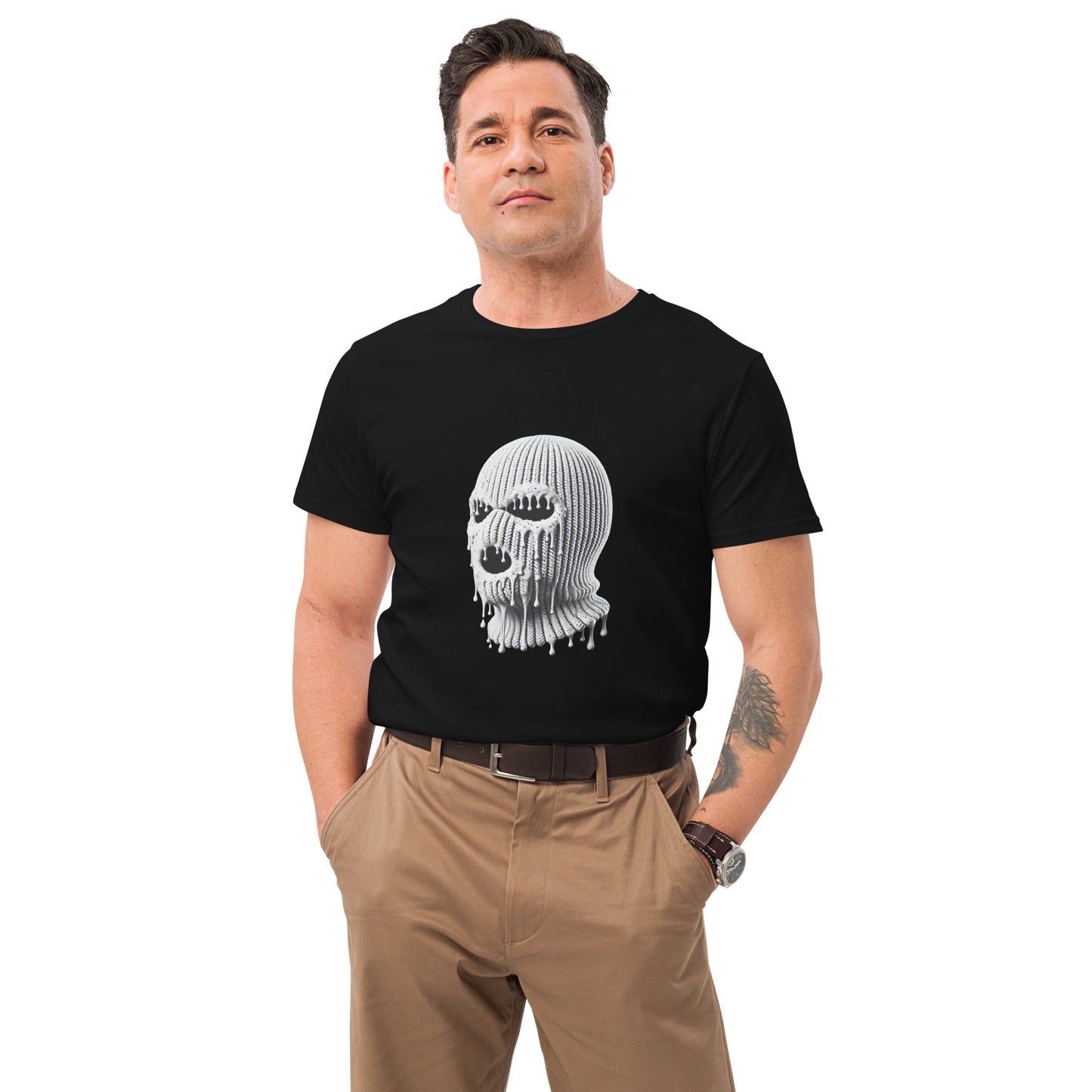 Melting ski mask skull graphic with edgy streetwear design
