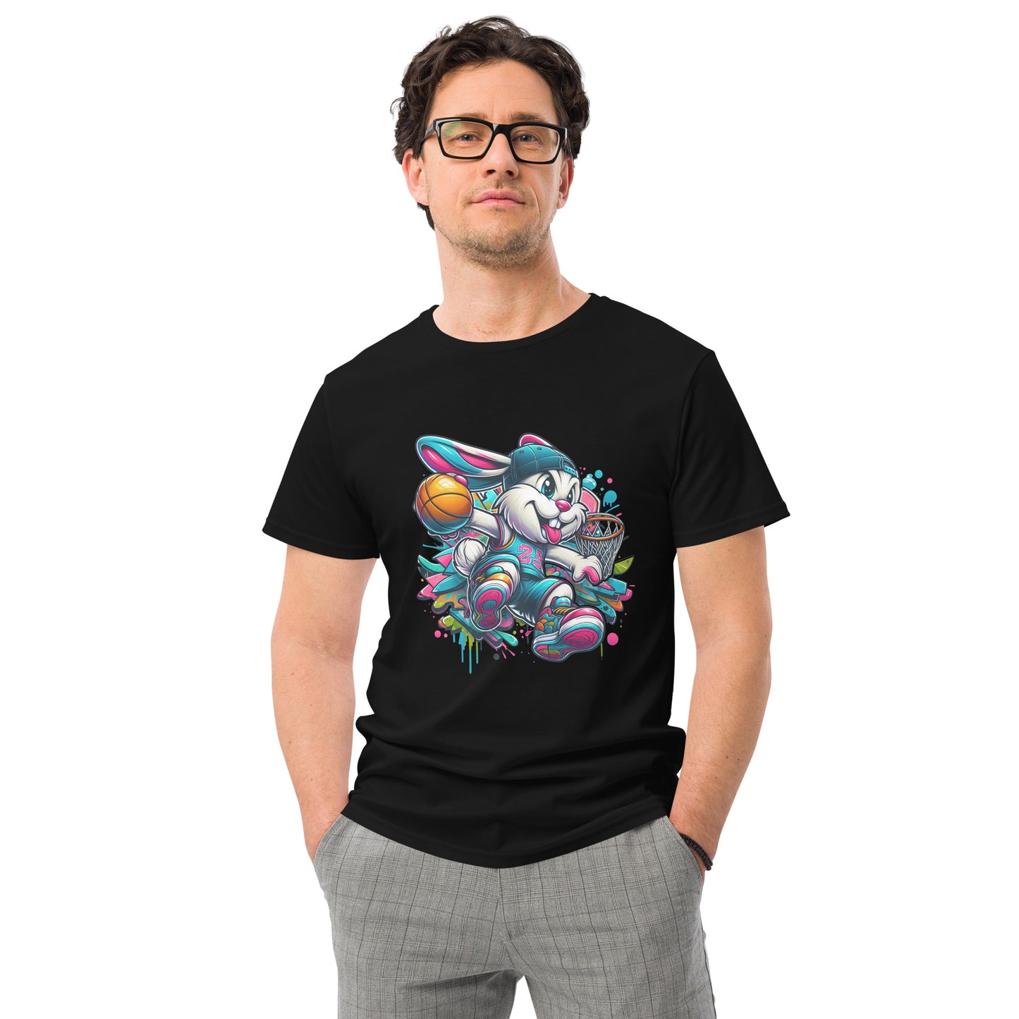 Cartoon graffiti basketball bunny wearing chains and cap – streetwear t-shirt design

