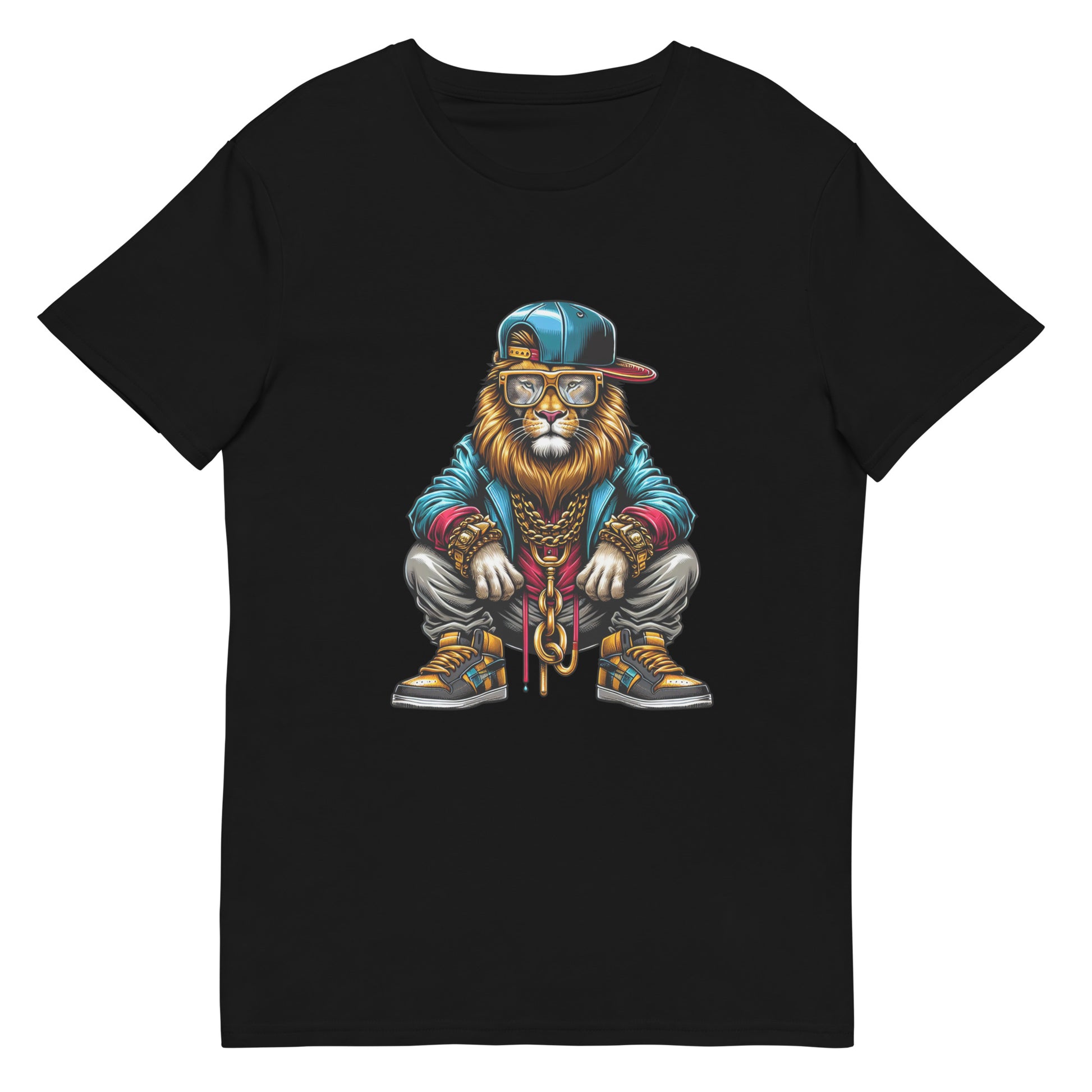 Gangster lion graphic wearing snapback, gold chains, and sneakers.