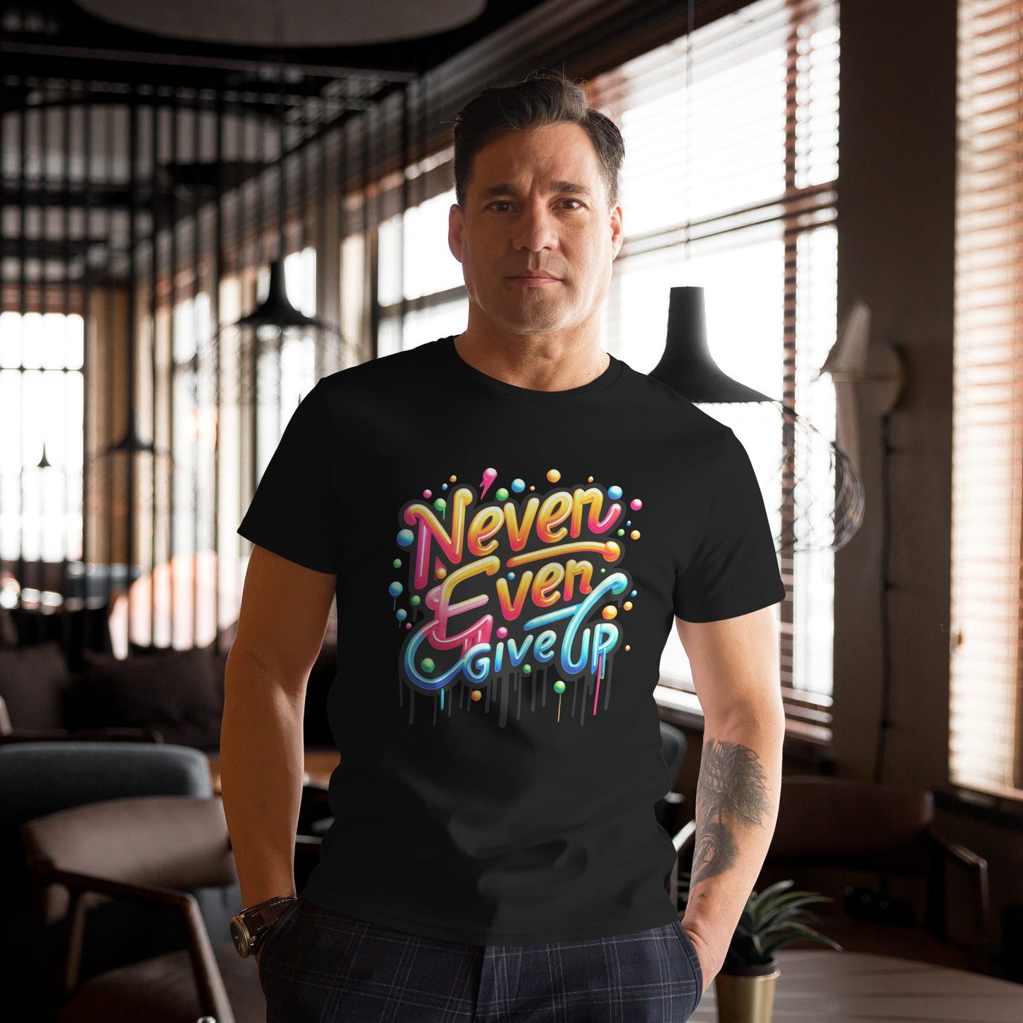 colourful graffiti text never ever give up motivational t-shirt streetwear style

